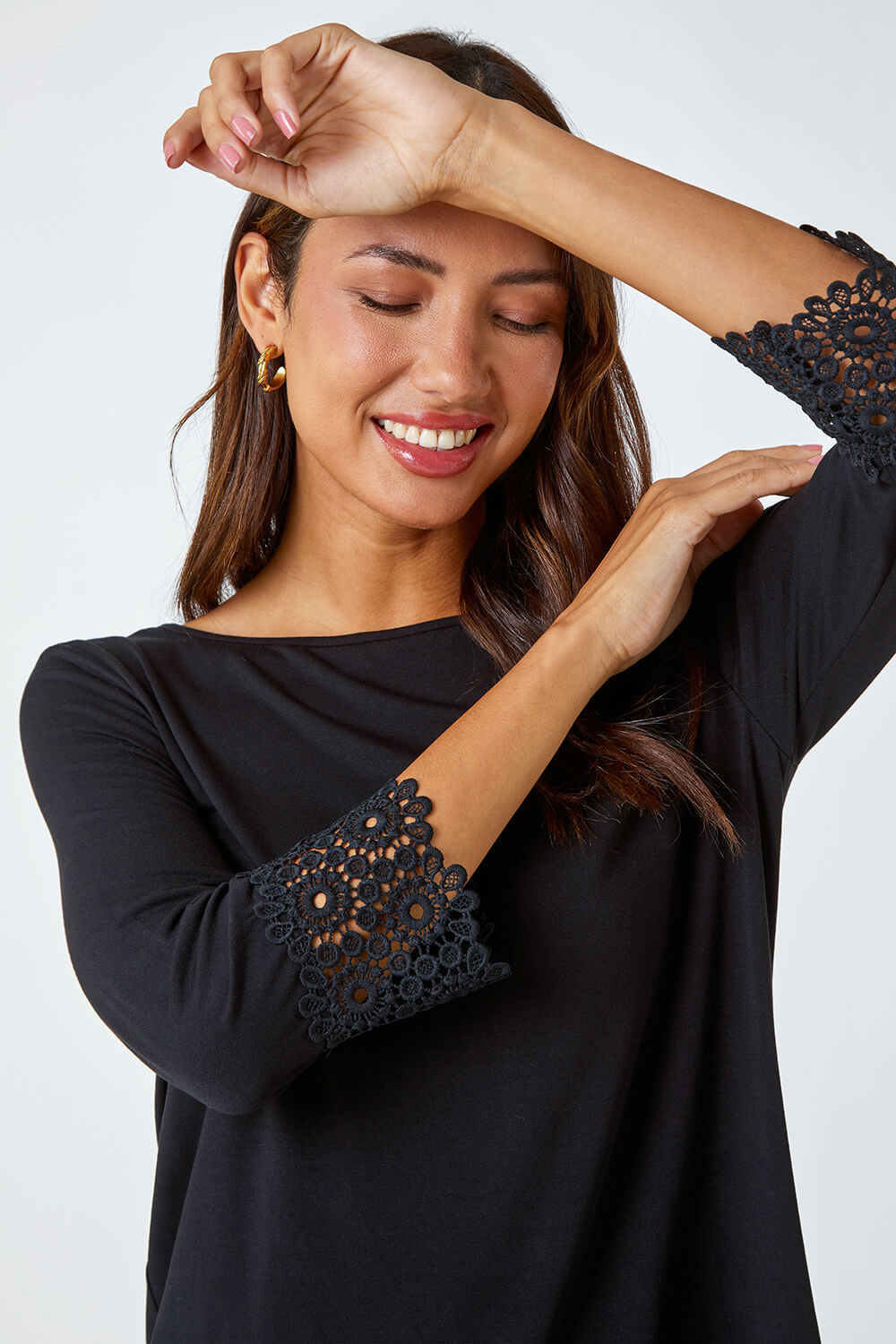 Black Plain Lace Trim Stretch Top, Image 5 of 5