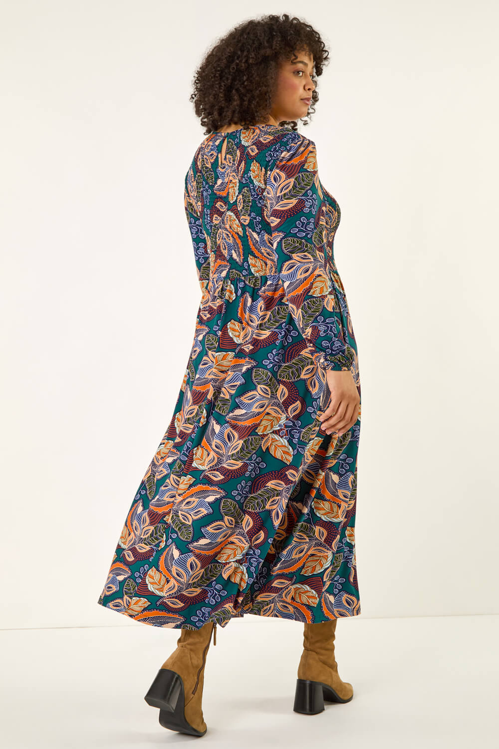 Teal Curve Floral Print Shirred Midi Dress, Image 5 of 7