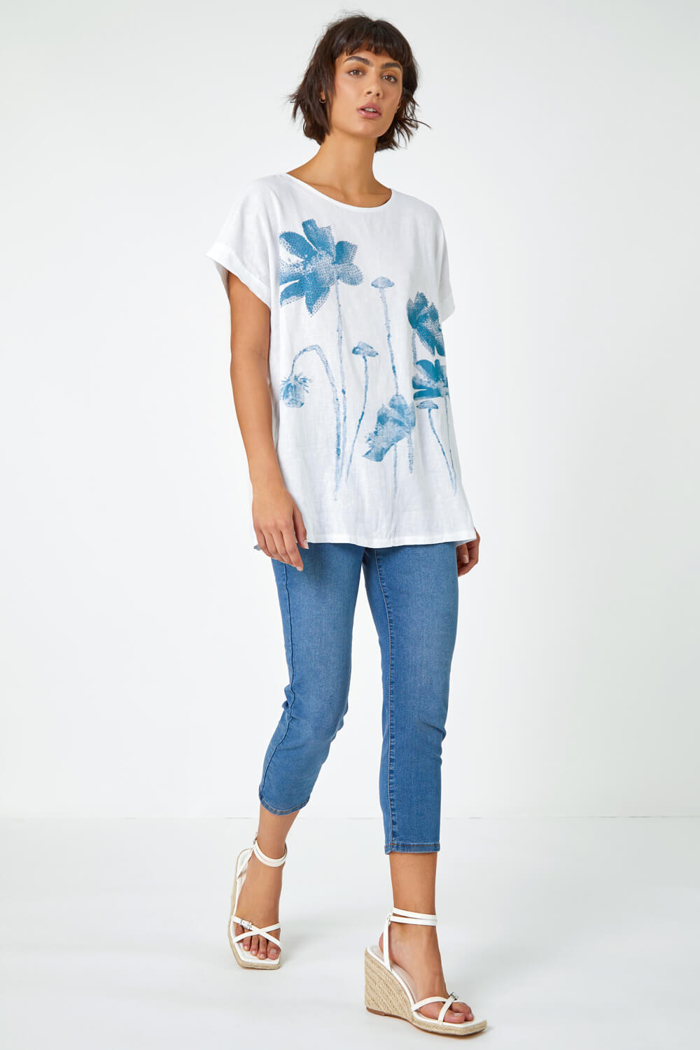 Light Blue Embellished Floral Print Tunic Top, Image 5 of 5