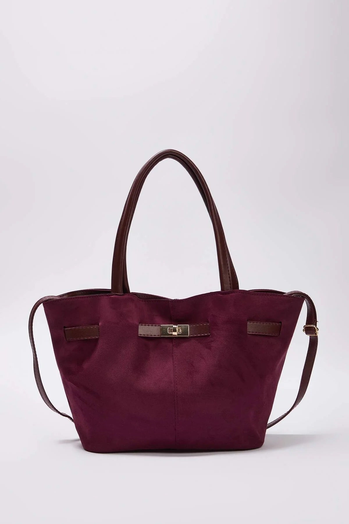 Plum Suede Tote With Soft Handle And Cross-Body Strap, Image 1 of 4