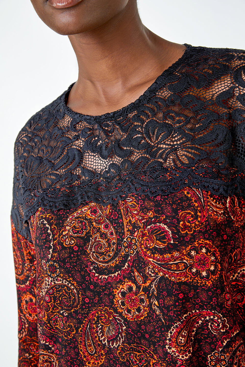 Red Lace Detail Paisley Print Stretch Top , Image 6 of 5