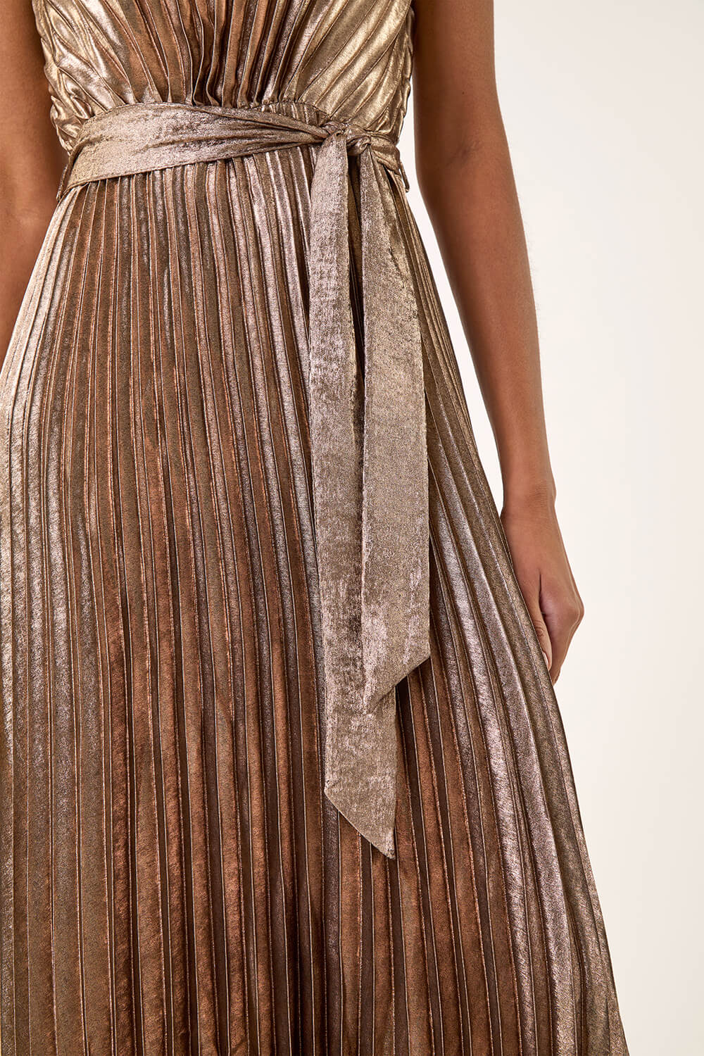 Gold Metallic Pleat Belted Midi Dress, Image 7 of 6