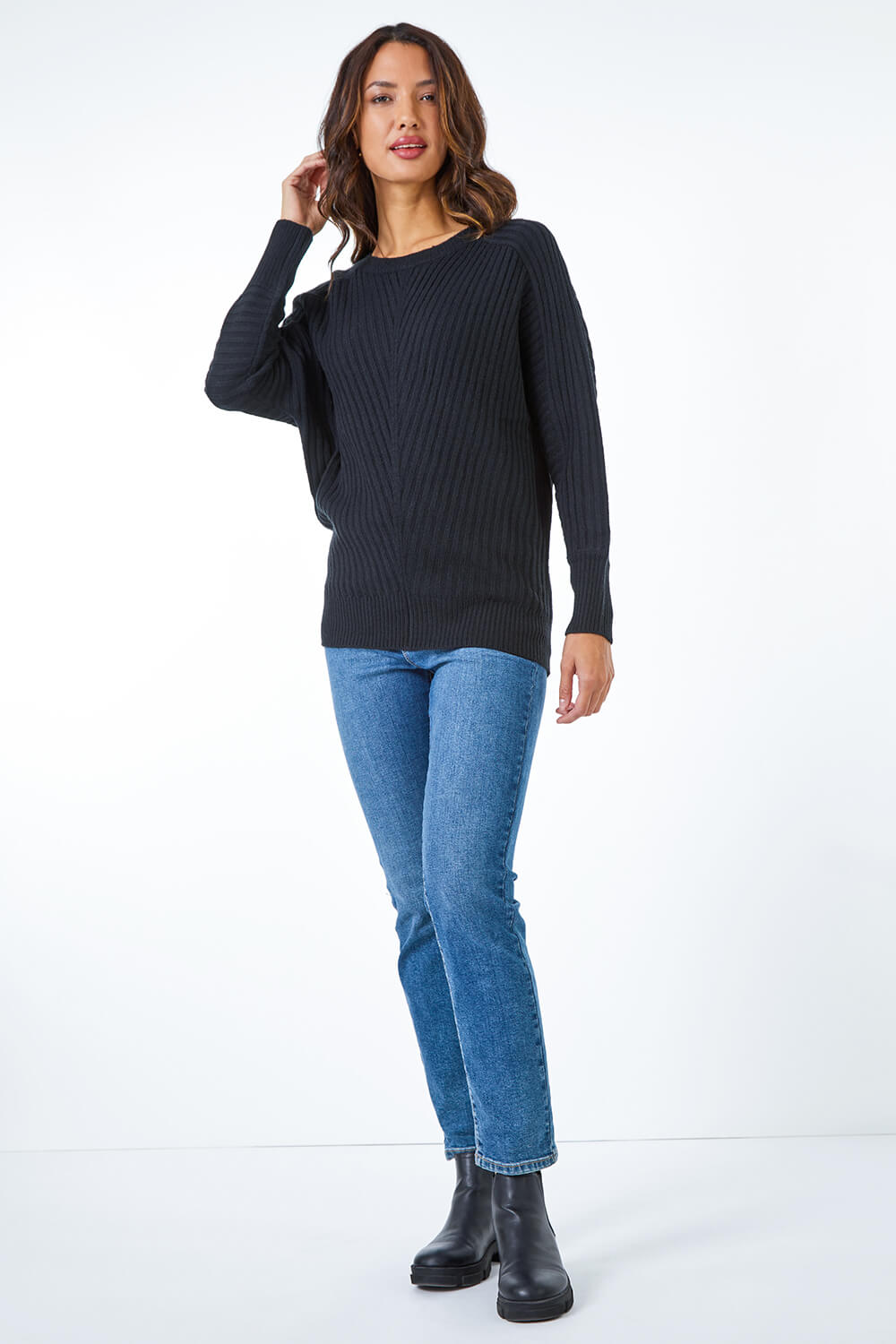 Black Geometric Longline Ribbed Batwing Jumper, Image 3 of 5