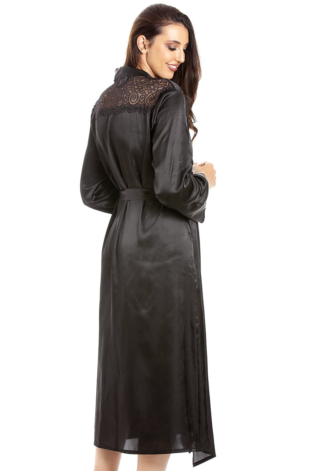 Black Camille Lingerie Black Full Length Long Sleeve Plain Satin Wrap, Image 4 of 5