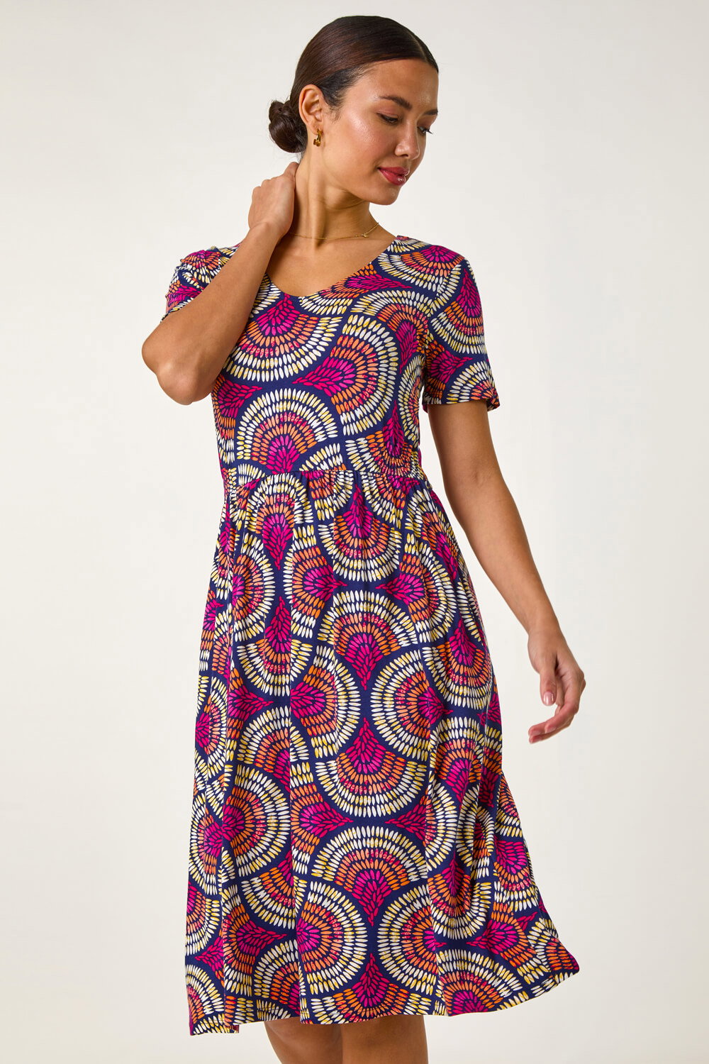 PINK Abstract Print Stretch Midi Dress, Image 4 of 5