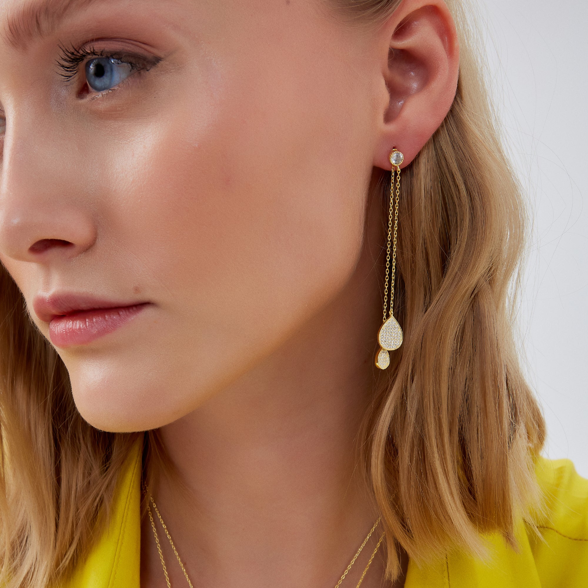 Gold Raindrop Sterling Silver Chain Drop Earring, Image 4 of 5