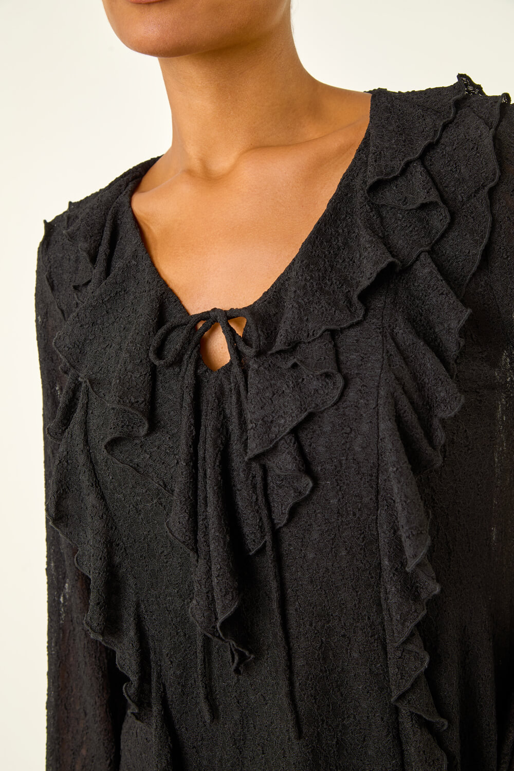 Black Lace Ruffle Front Top, Image 7 of 6