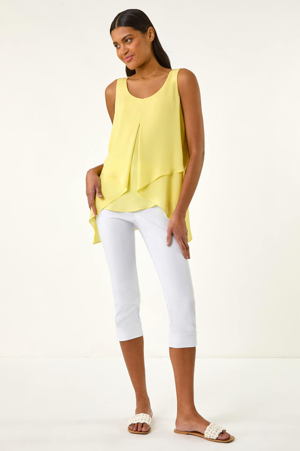 Light Yellow Asymmetric Sleeveless Vest Top, Image 3 of 5