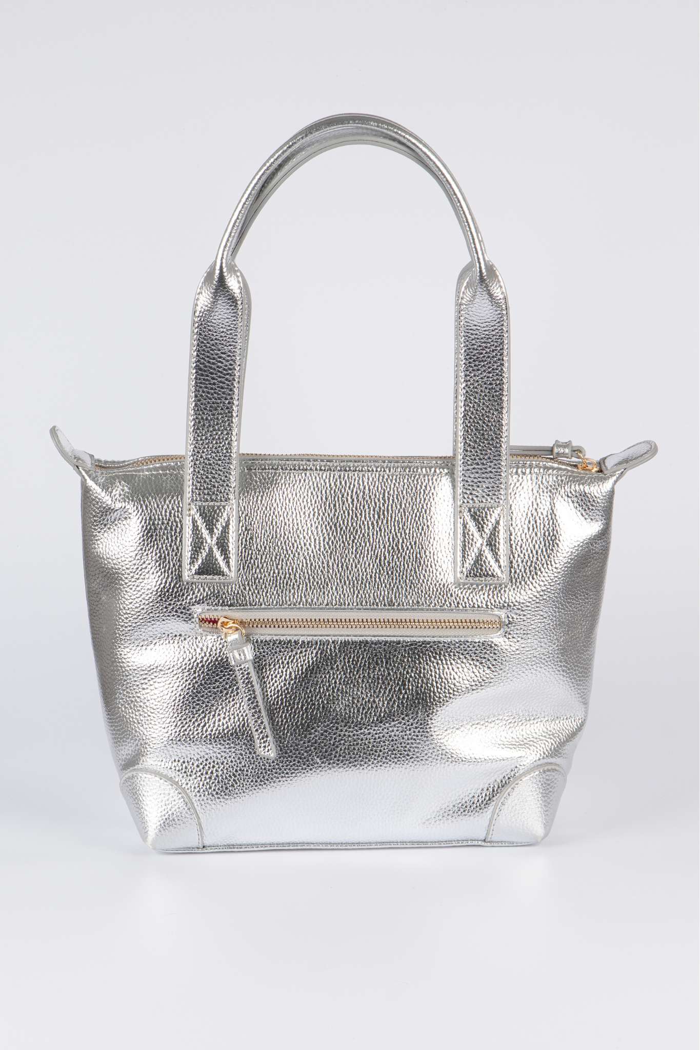 Silver Medium Metallic Faux Leather Tote Bag, Image 3 of 3