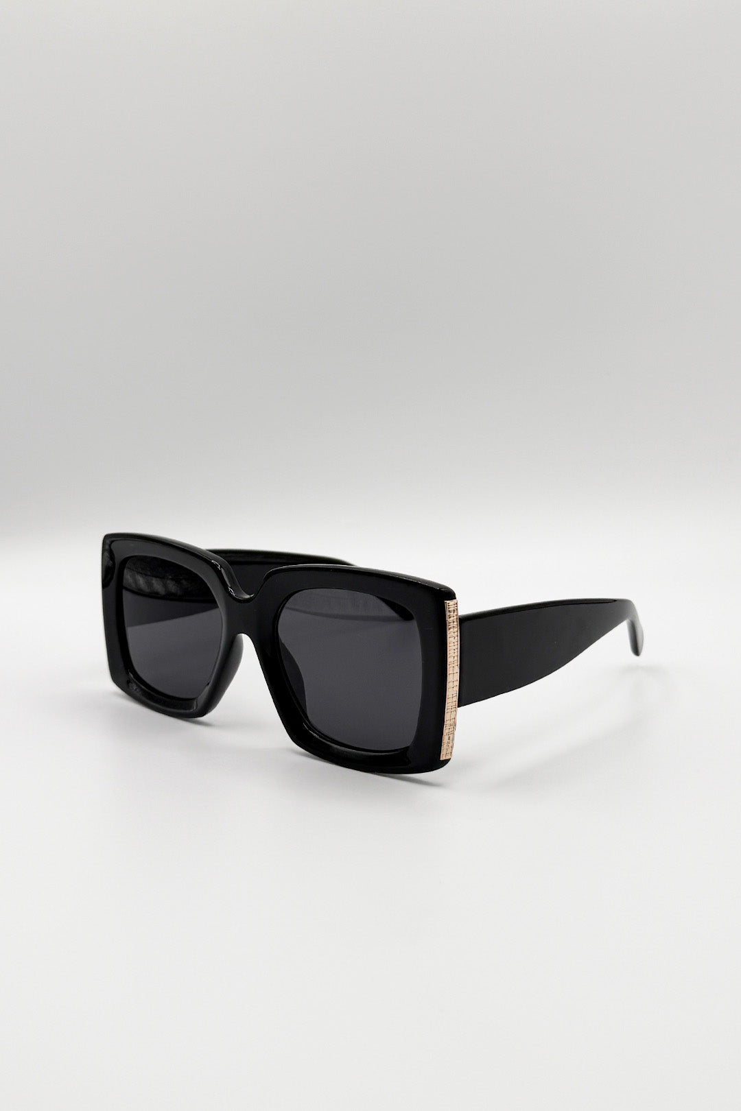 Black Oversized Square Sunglasses in Black Gold Detail, Image 3 of 5