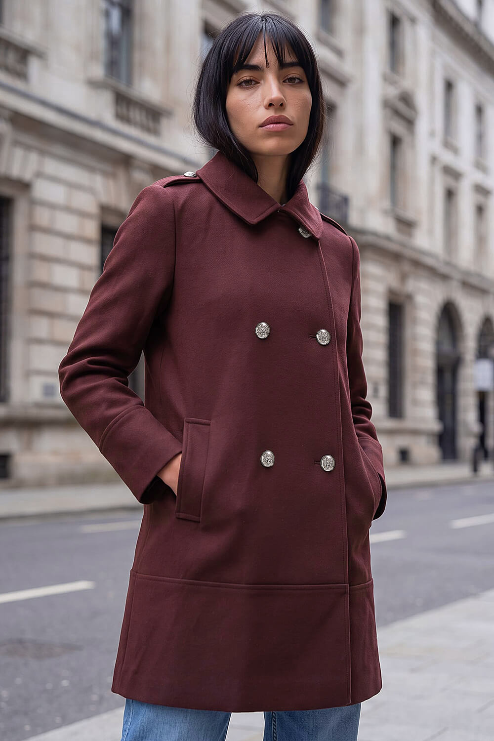 Roman Petite Women's Burgundy Collar Double Breasted Coat Size 12