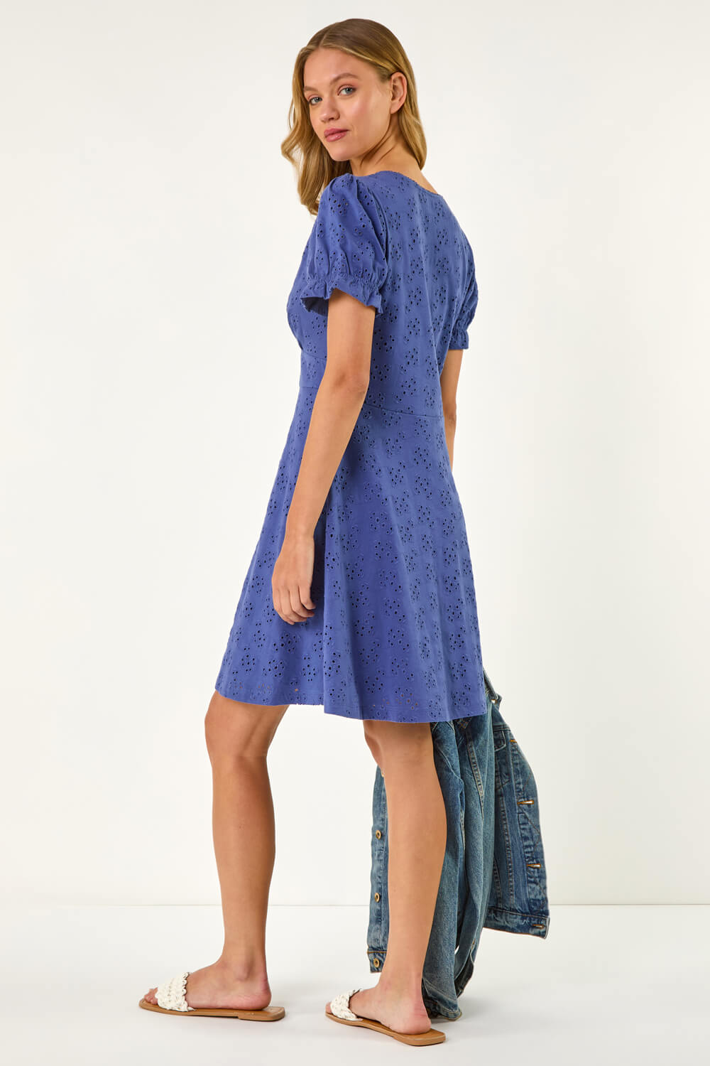 Denim Broderie Cotton Stretch Frill Dress, Image 4 of 6