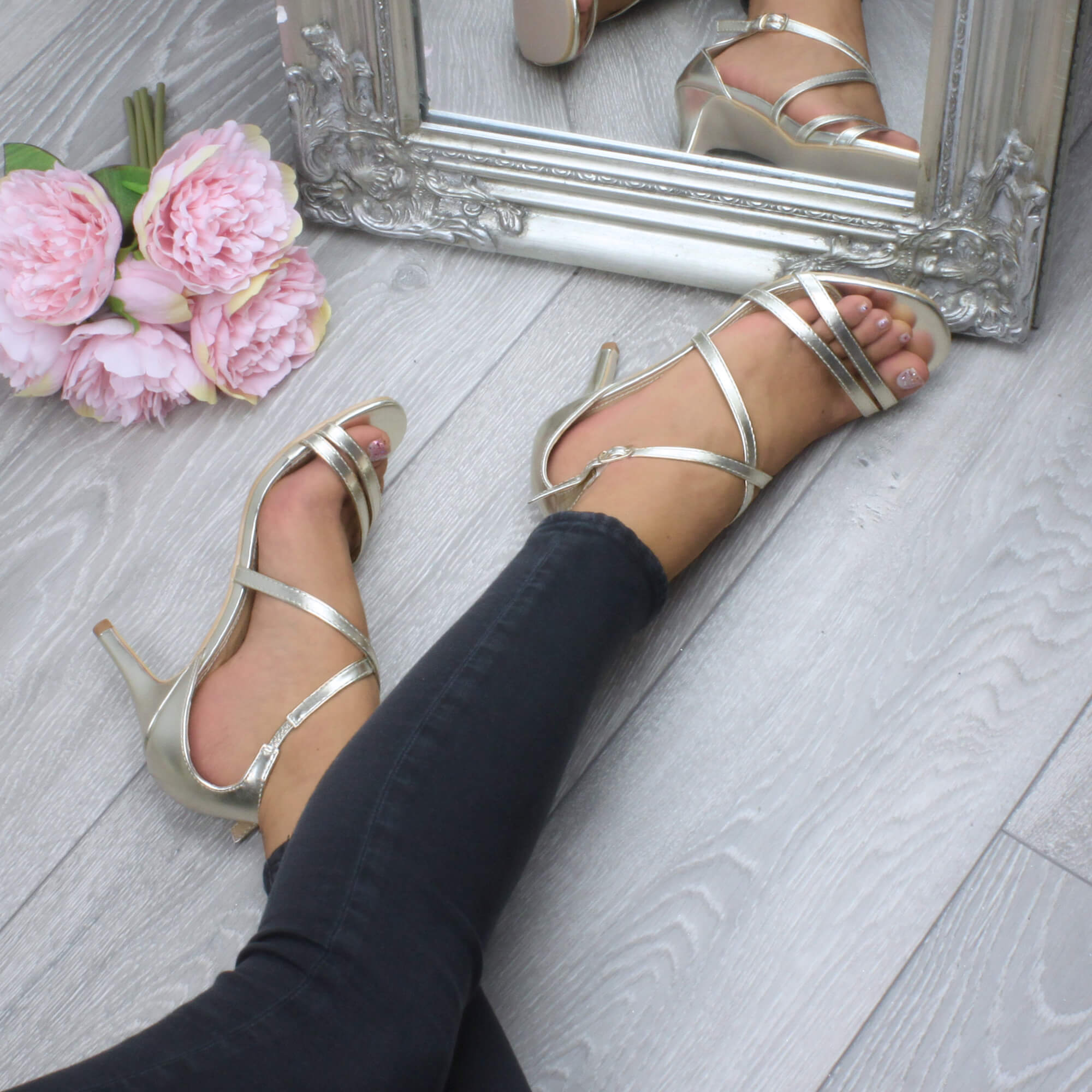 Gold AJVANI Gold High Heel Crossed Straps Buckle Sandals, Image 5 of 6