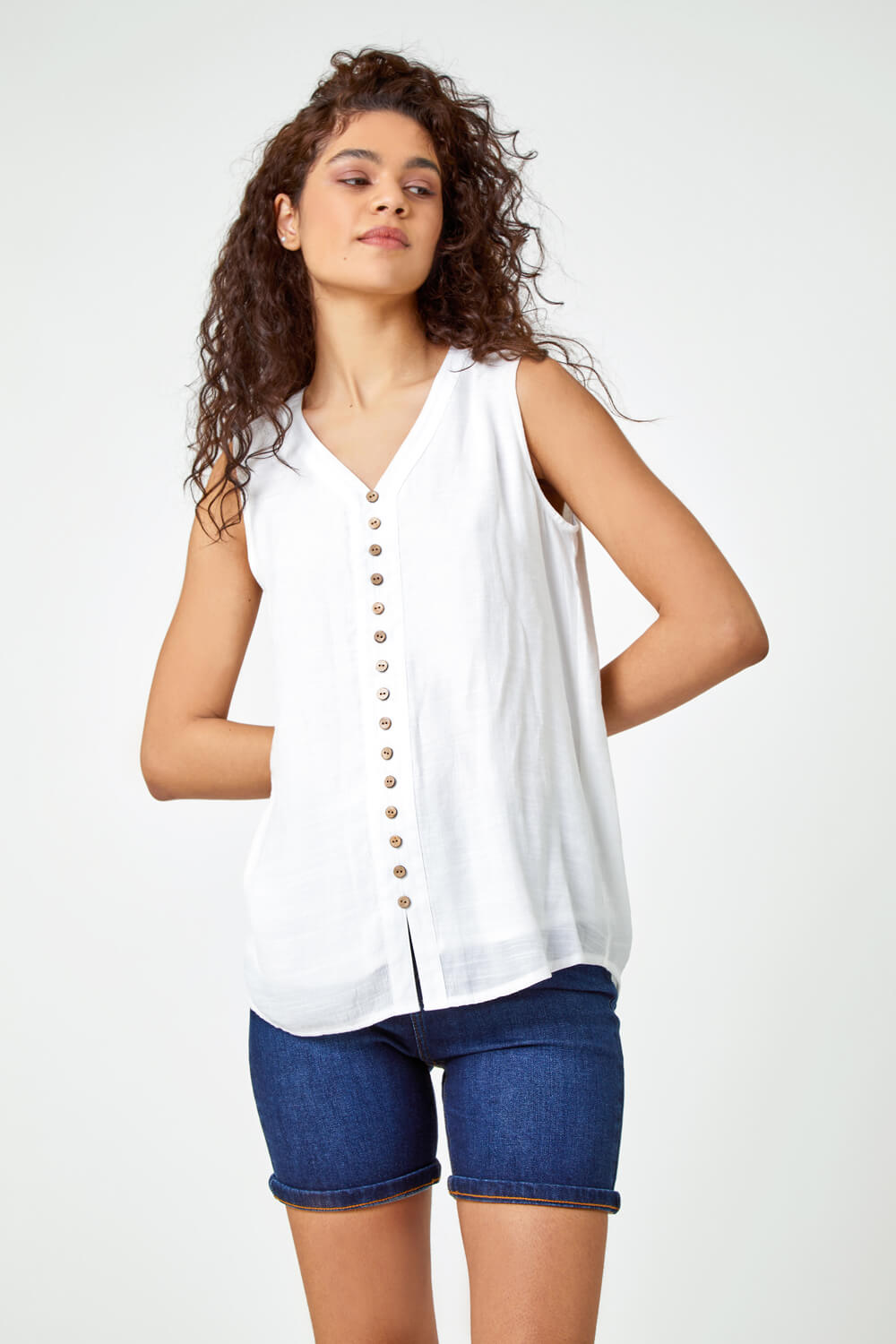 Ivory Sleeveless Button Detail Vest, Image 1 of 5