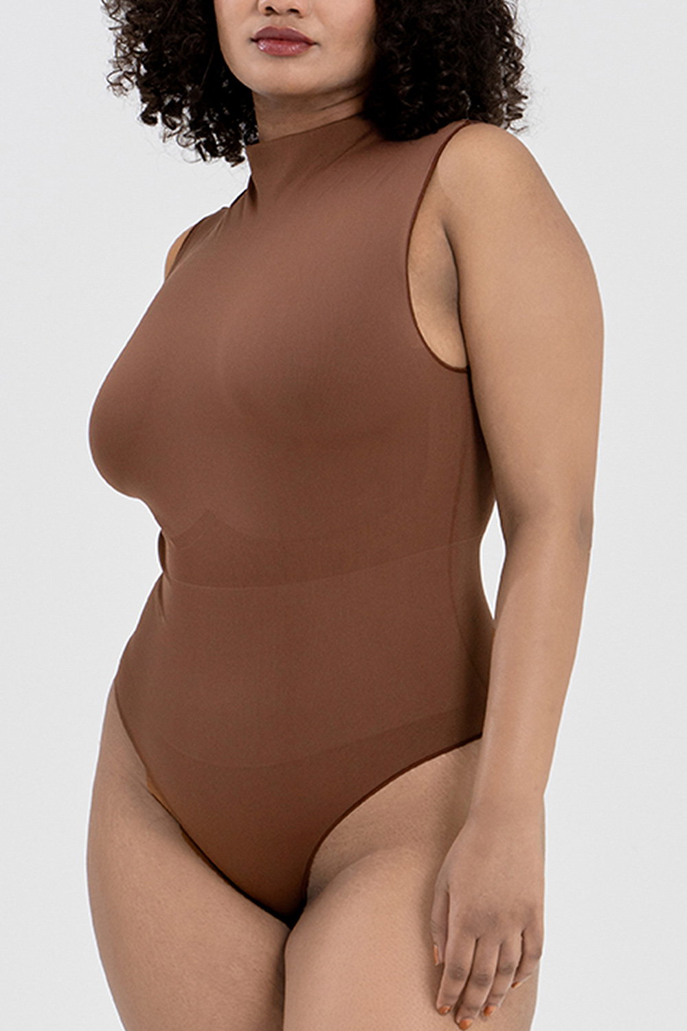 Brown Sleeveless Turtleneck Sculpting Bodysuit, Image 3 of 5