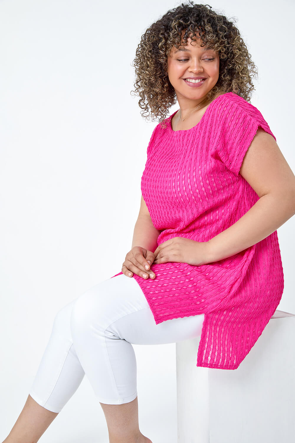 Pink Curve Textured Short Sleeve T-Shirt, Image 1 of 5