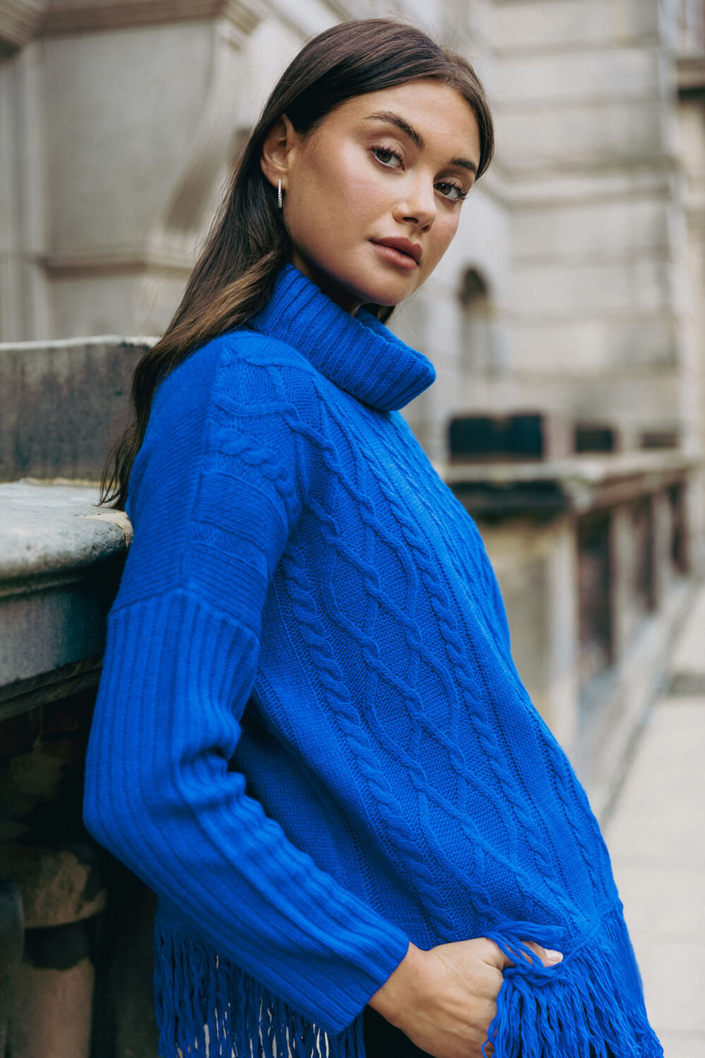 Blue Cable Knit Roll Neck Fringed Jumper, Image 4 of 6