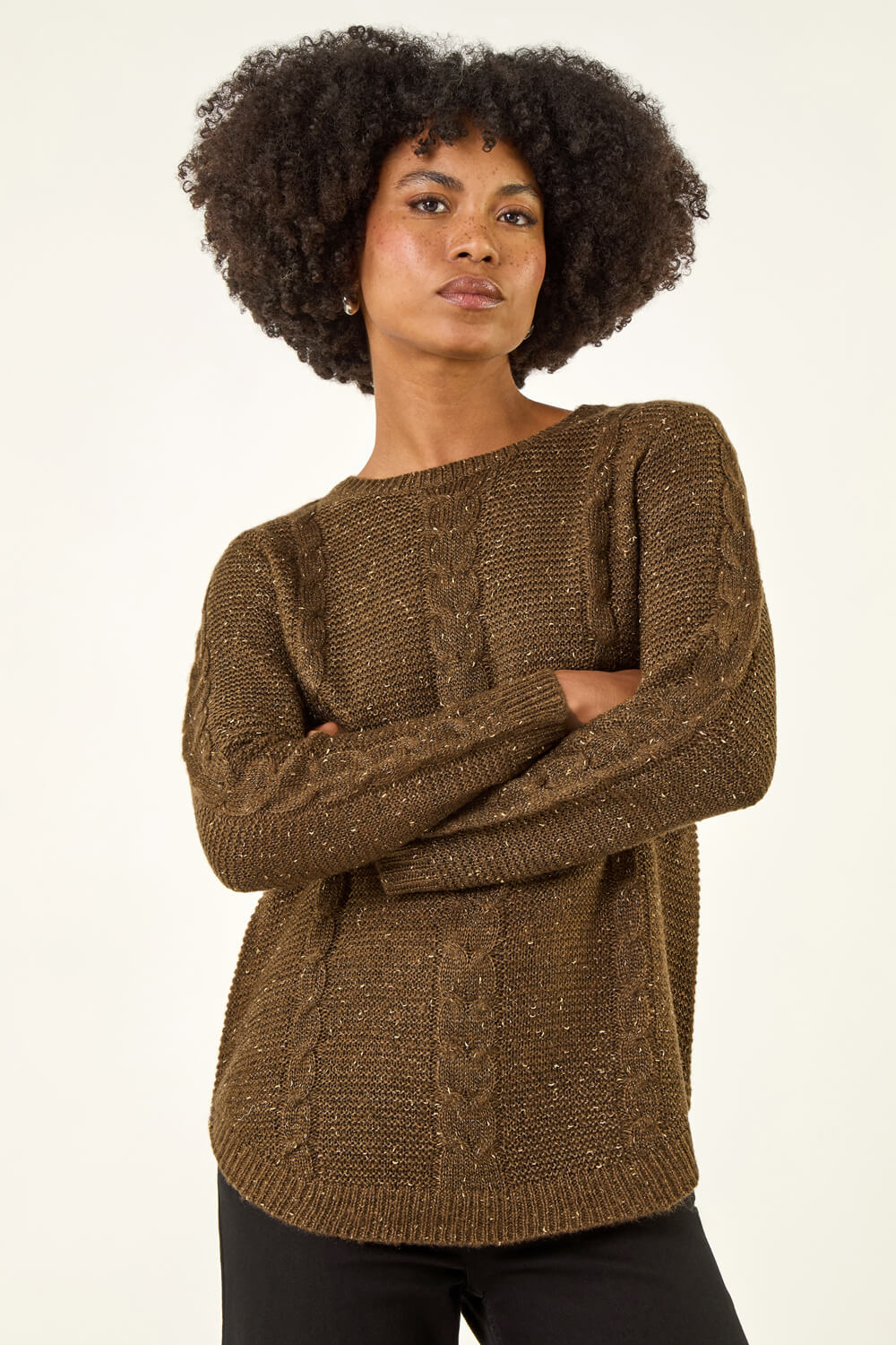 Roman Women's Brown Speckled Cable Knit Jumper Size 20