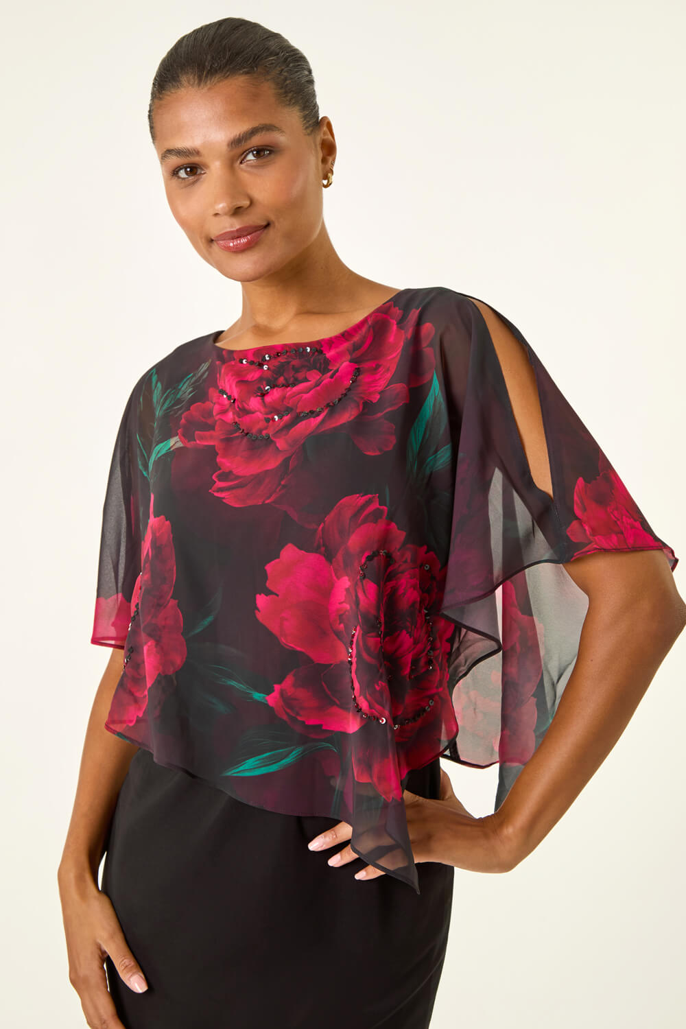 Black Floral Overlay Premium Stretch Dress, Image 5 of 5