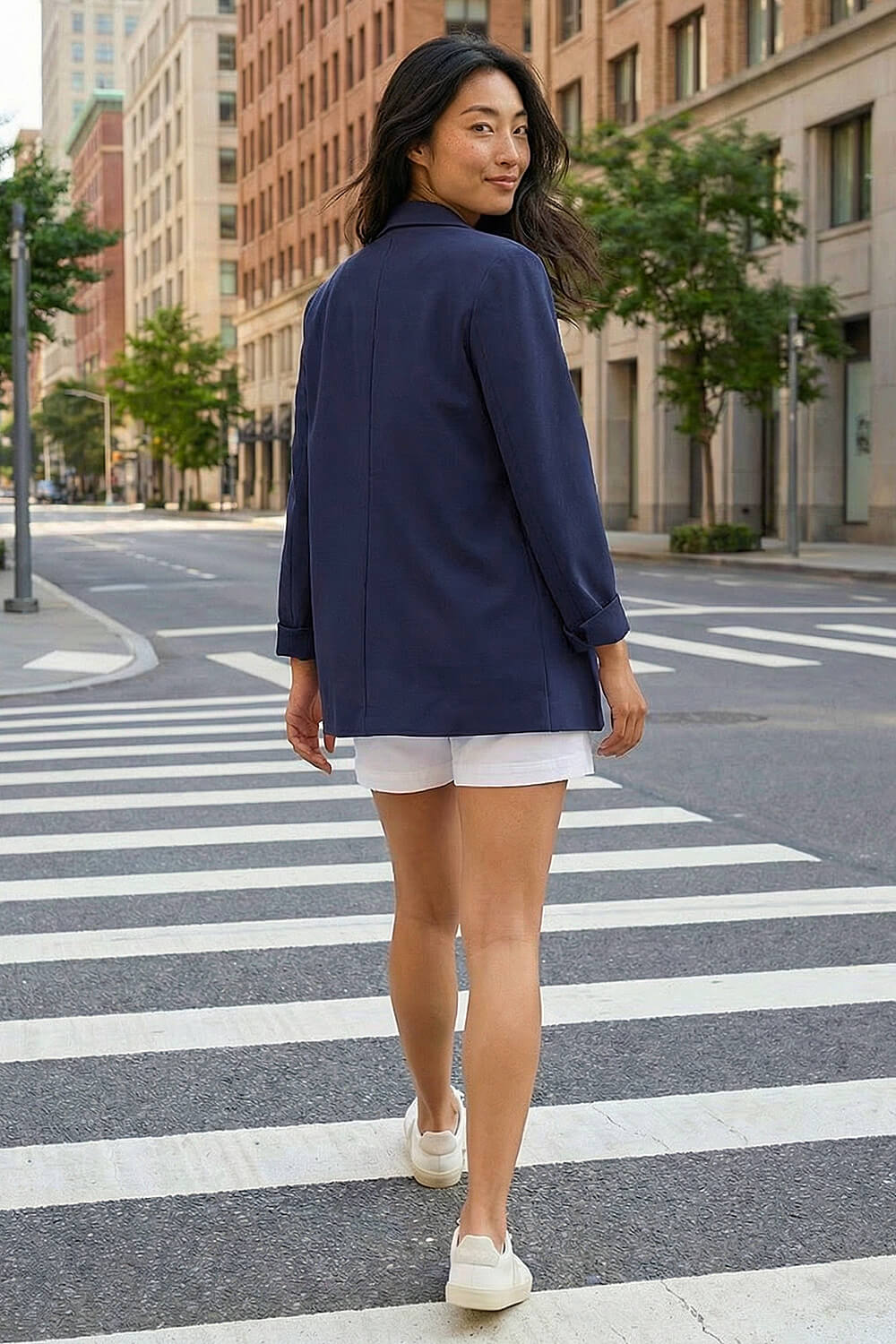 Navy Petite Revere Collar Stretch Blazer, Image 4 of 4