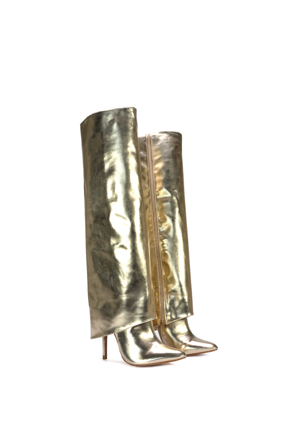 Gold XY LONDON Gold 'Shauna' Foldover Knee High Boots With Stiletto Heel, Image 6 of 6