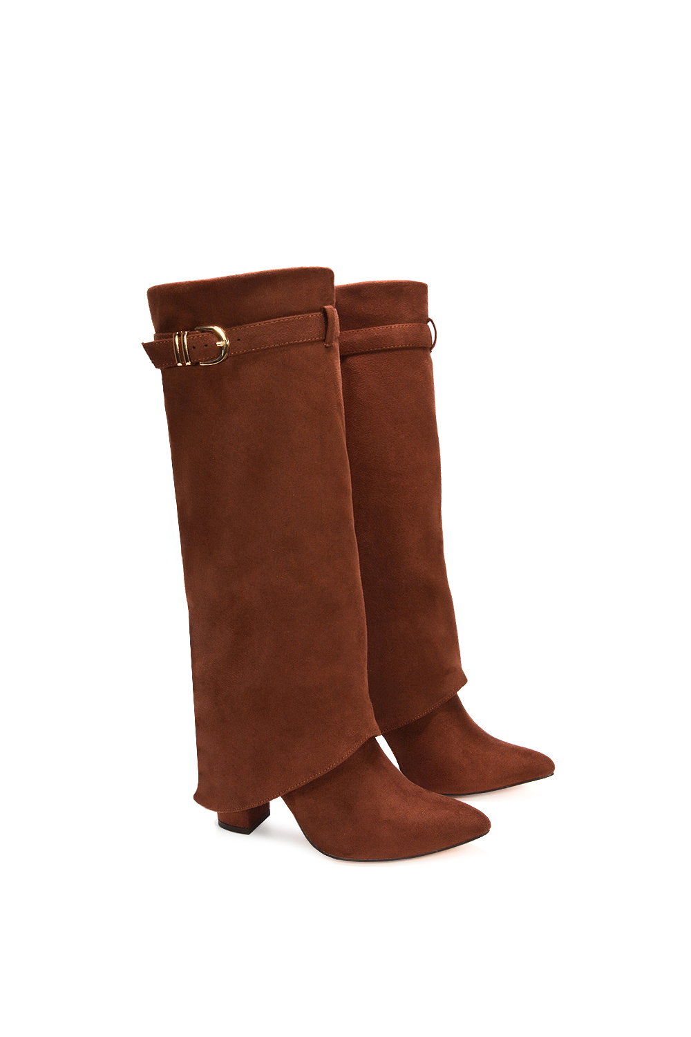 Brown XY LONDON Brown 'Aaliyah' Fold Over Boots Block Heel Buckle Point Toe, Image 6 of 6