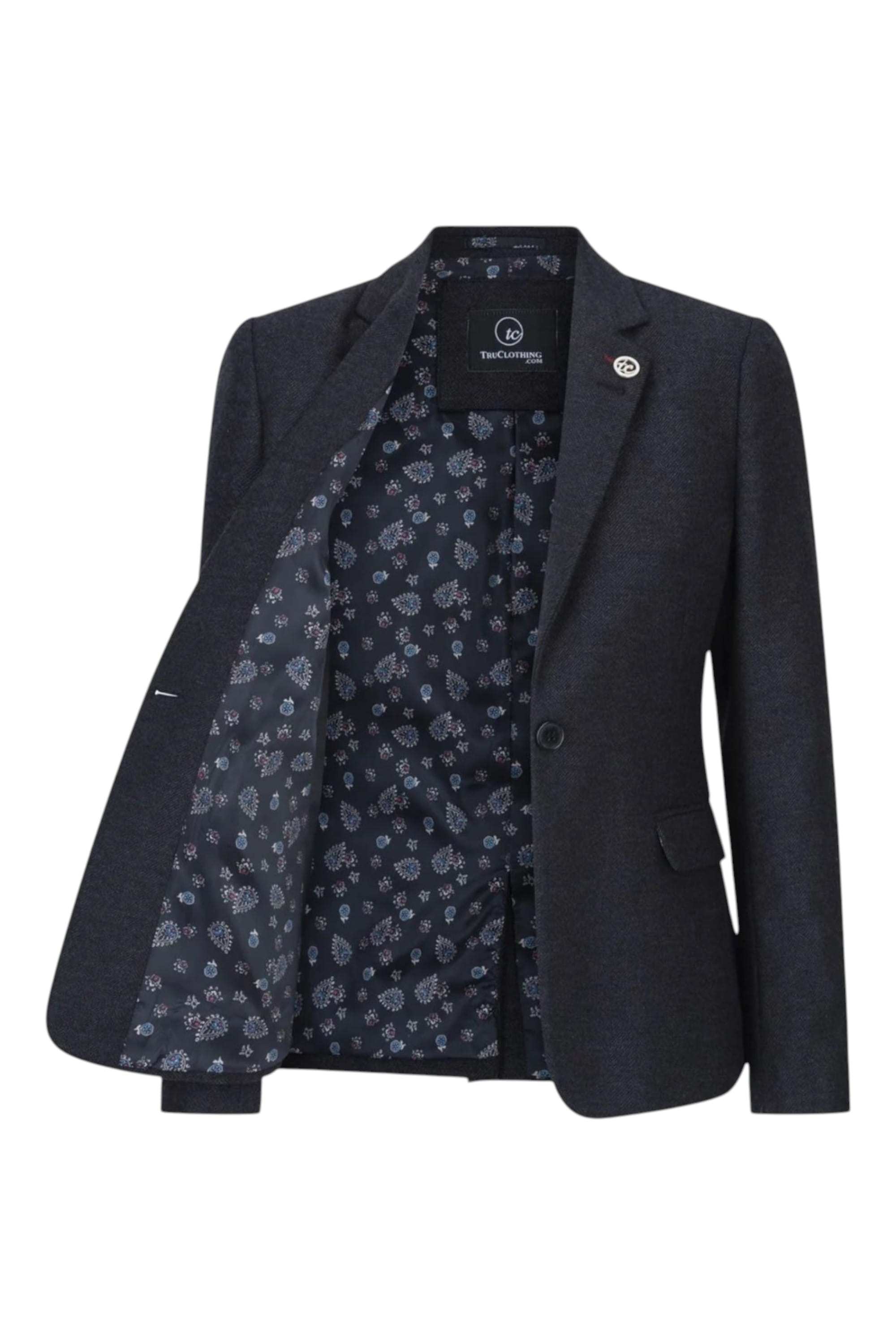 Black Infinity Leather Black Herringbone Check Tweed Wool Blend Blazer, Image 3 of 5