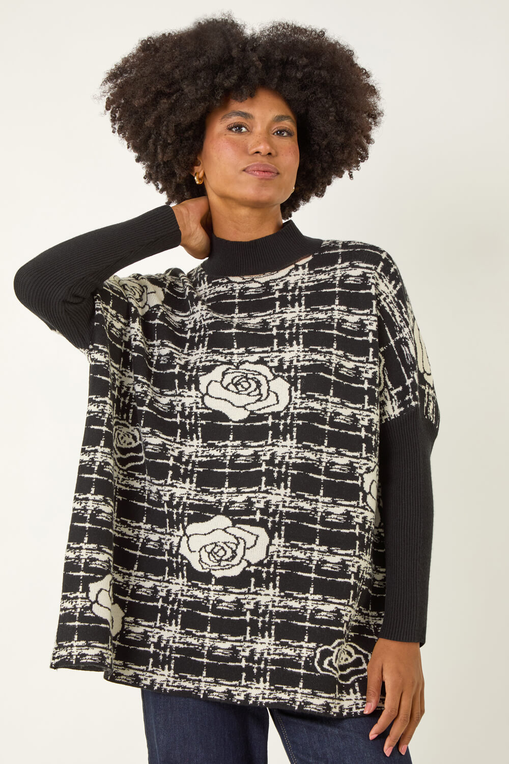 Black Plaid Rose Detail Knit Jumper, Image 3 of 5