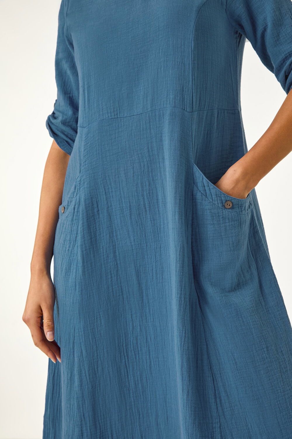 Blue Textured A-line Midi Dress, Image 6 of 5