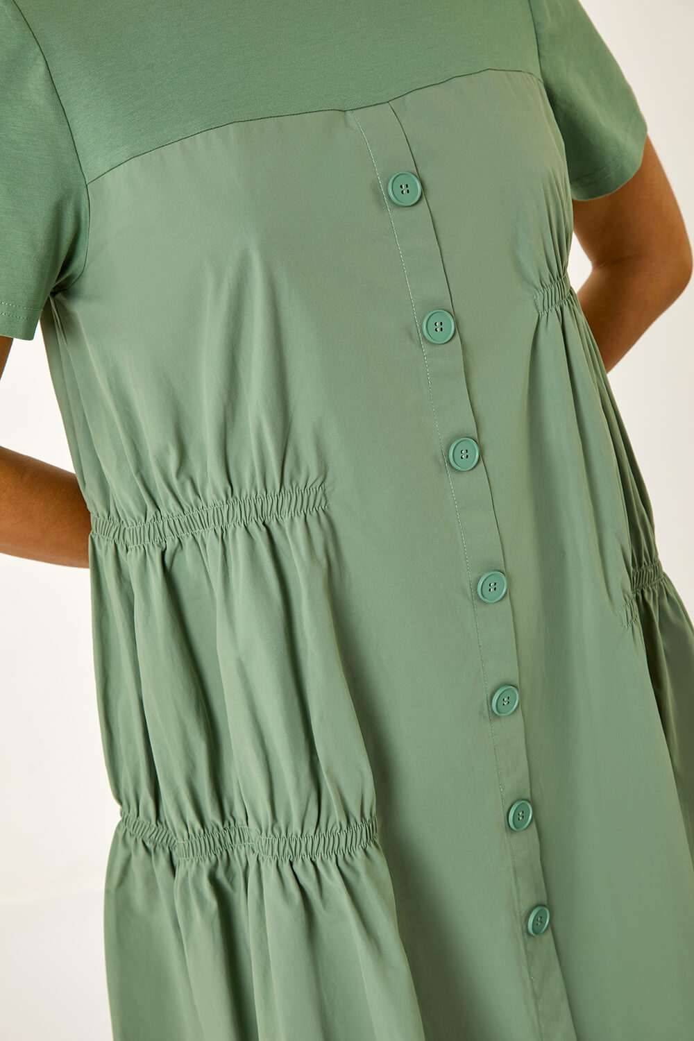 Sage Gathered Cotton Stretch Smock Dress, Image 6 of 5