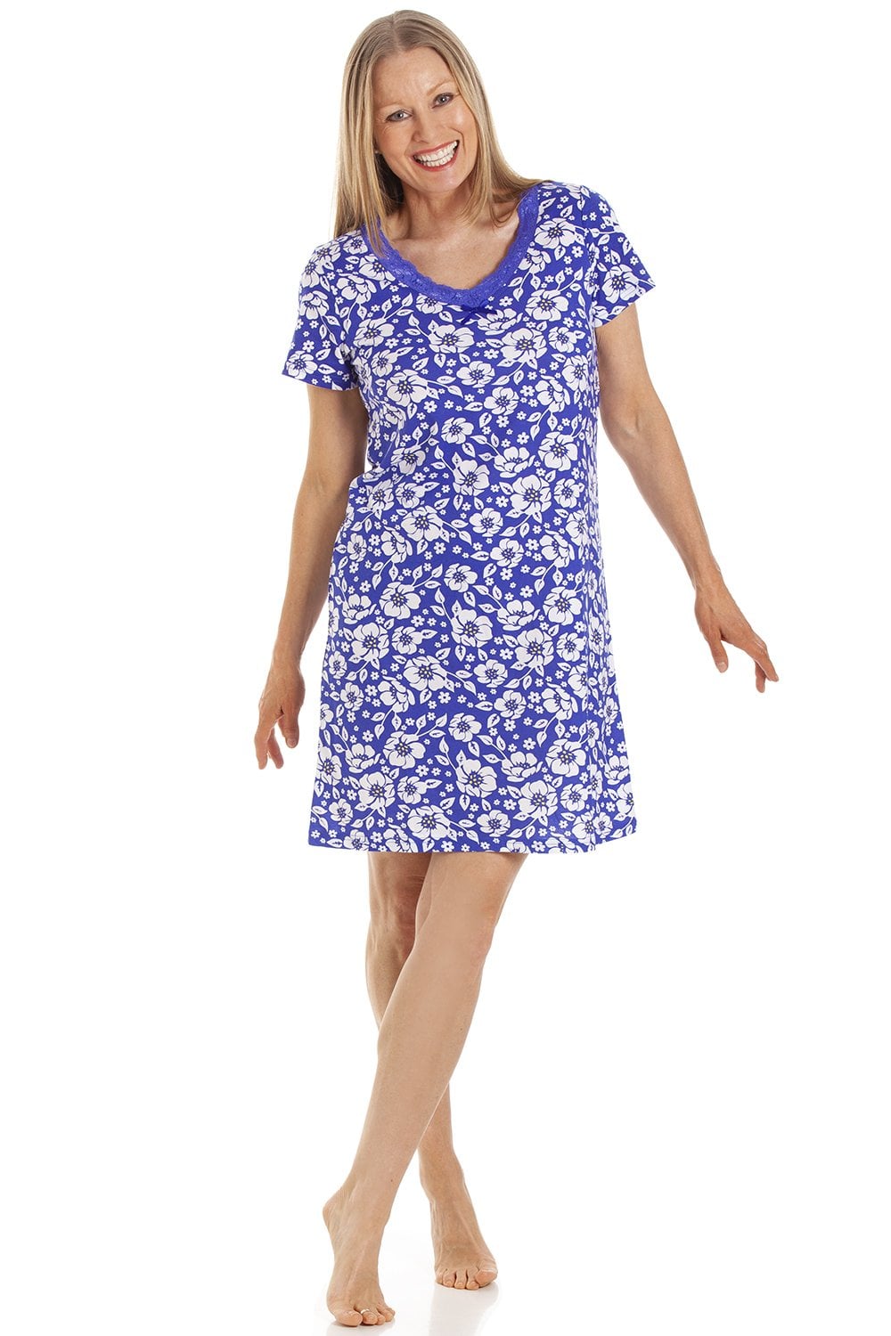 Navy Floral Print Cotton Nightshirt, Image 1 of 5