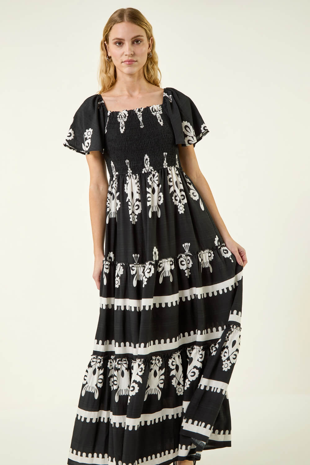 Black Border Print Shirred Maxi Dress, Image 5 of 5