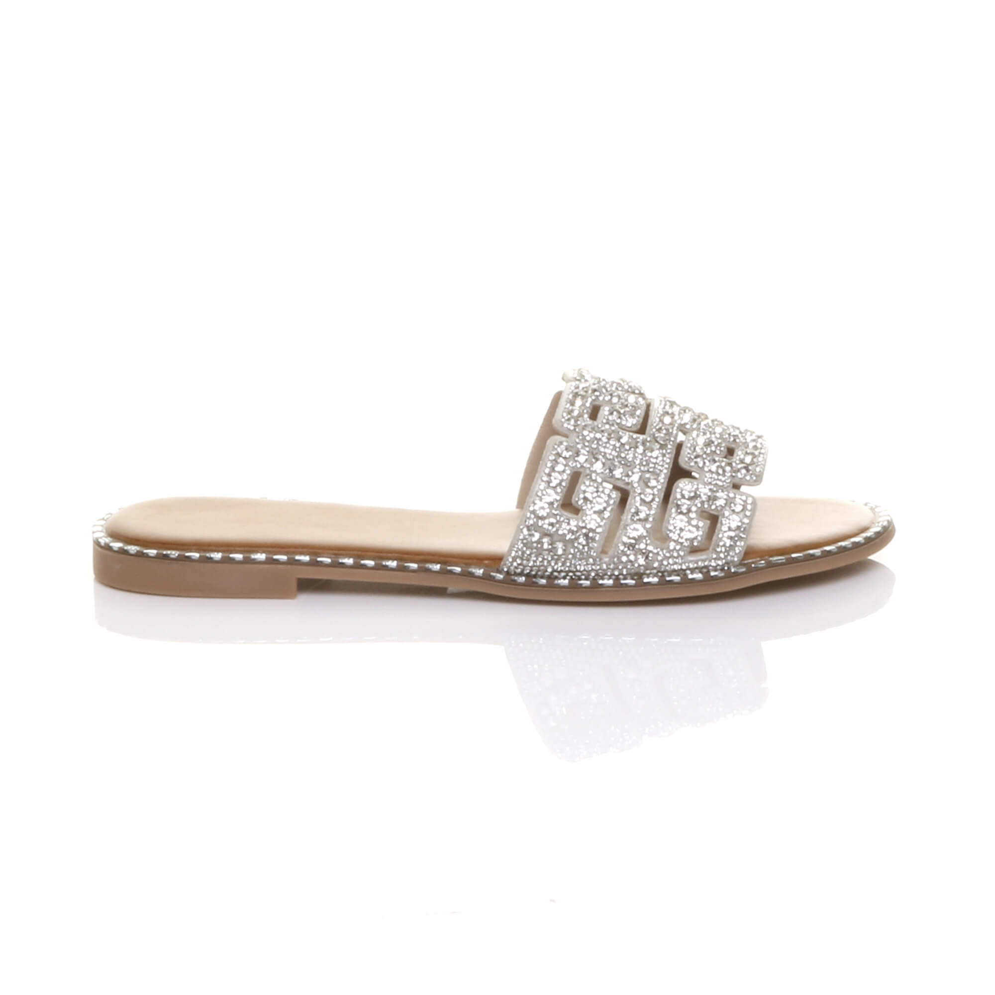 Silver Flat Diamante Mule Sandals Flip Flips Sliders, Image 2 of 4