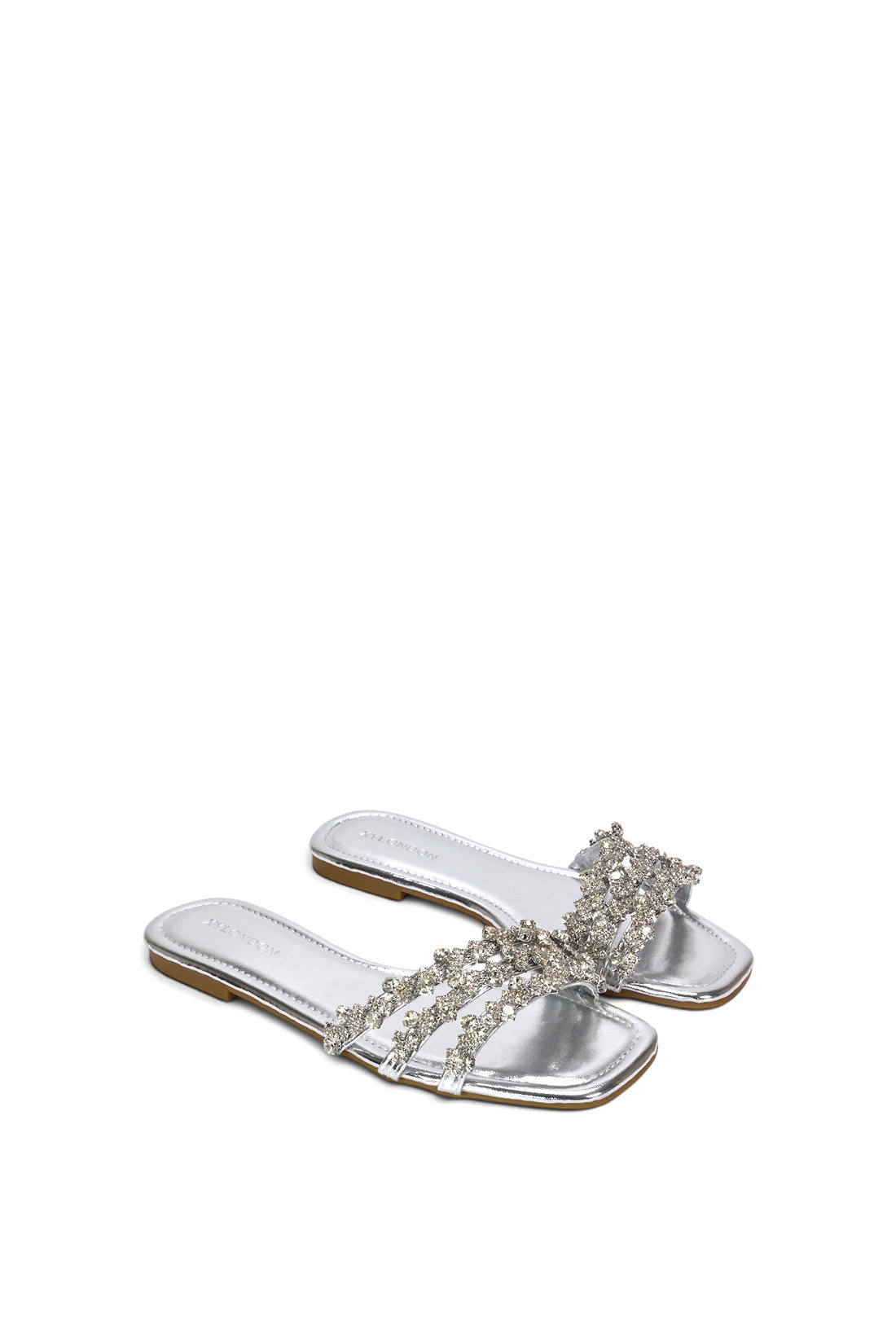 Silver XY LONDON Silver Flat Diamante Strappy Slider Sandals With Square Toe, Image 5 of 6