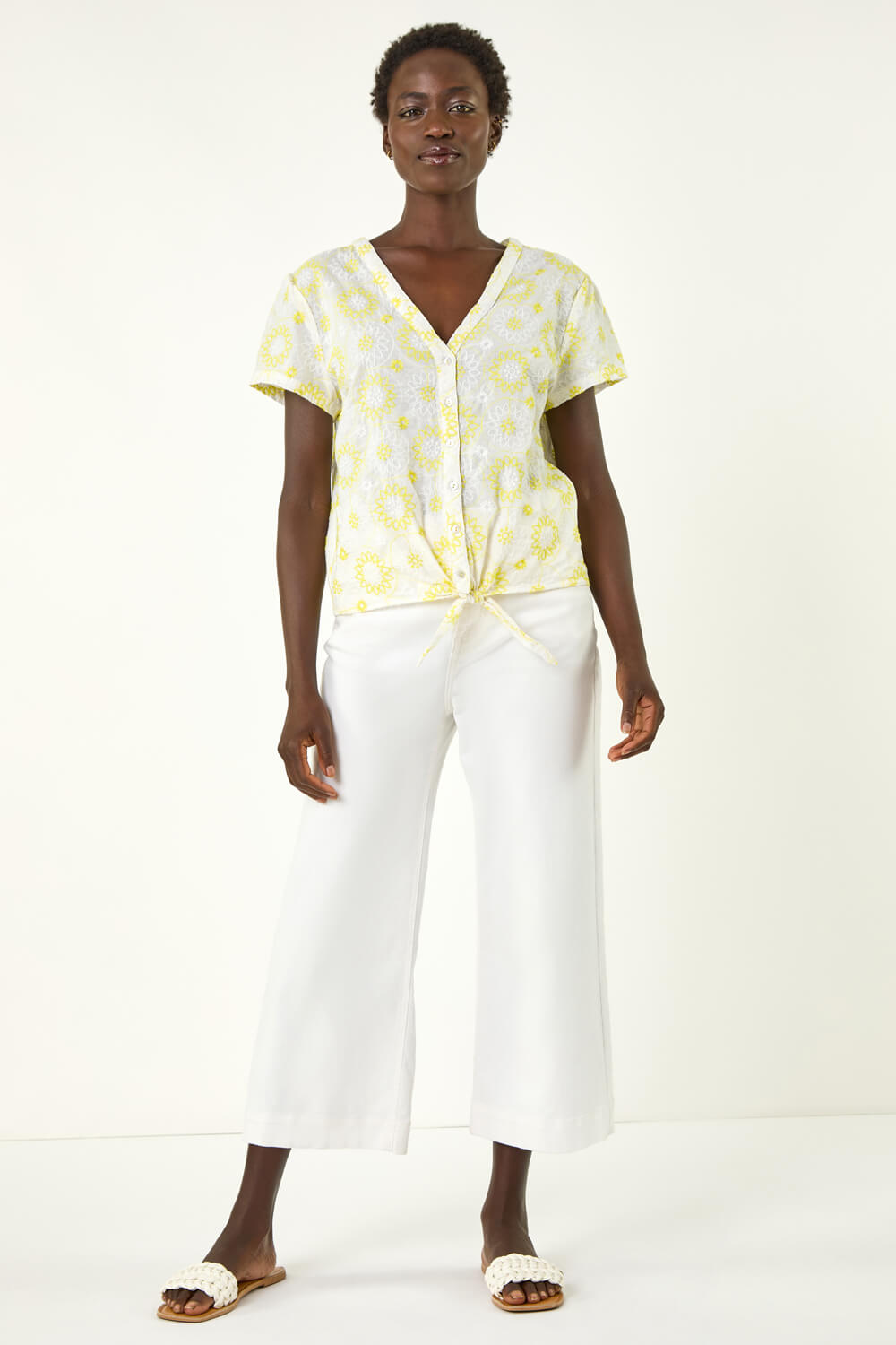 Yellow Cotton Broidery Tie Front Blouse, Image 4 of 5
