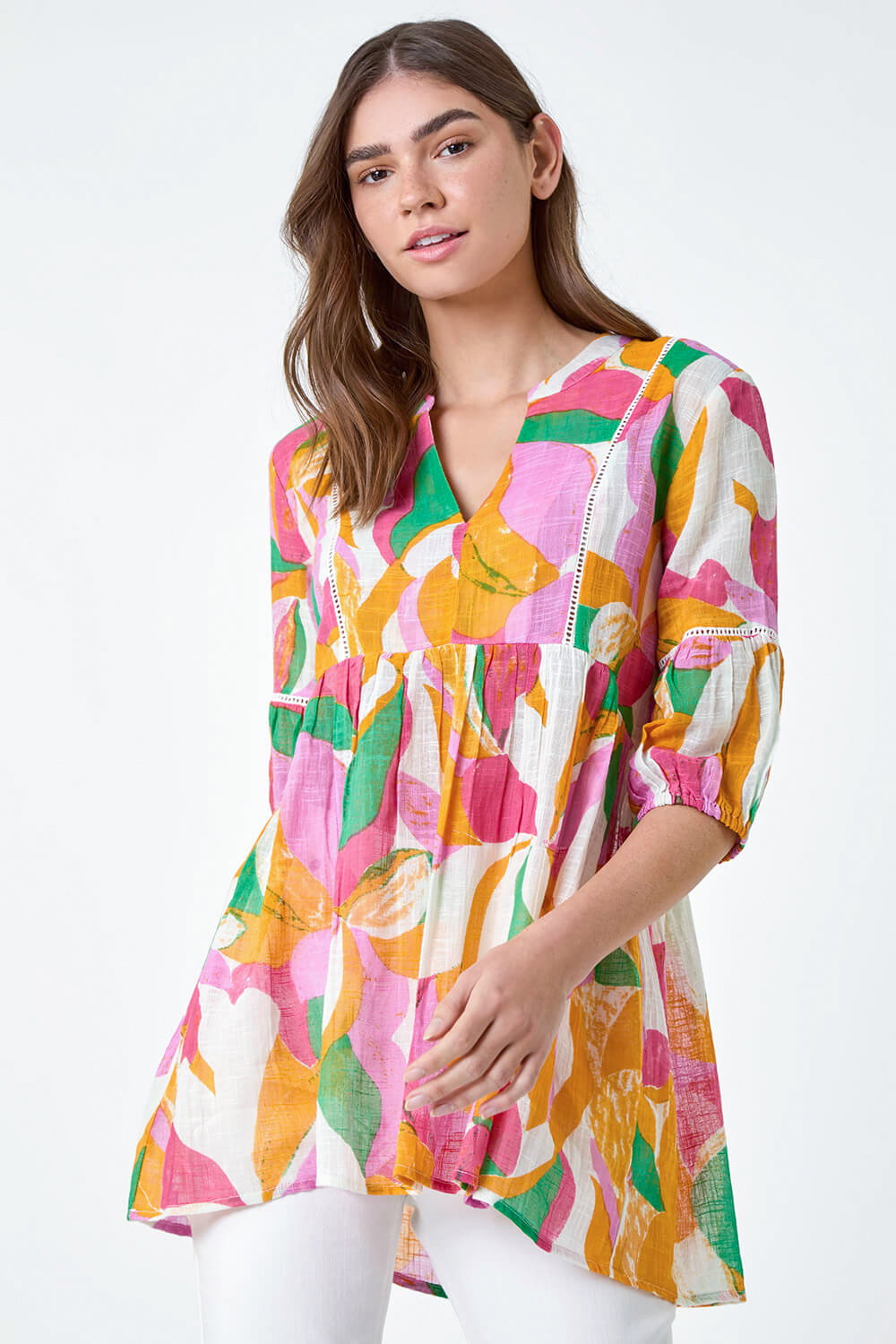 Orange Abstract Ladder Lace Cotton V-Neck Smock Top, Image 5 of 5