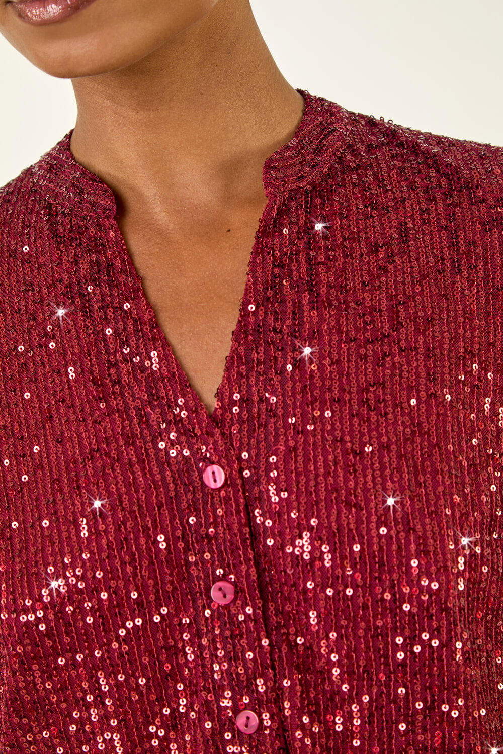 Bordeaux Sequin V-Neck Stretch Blouse, Image 6 of 5
