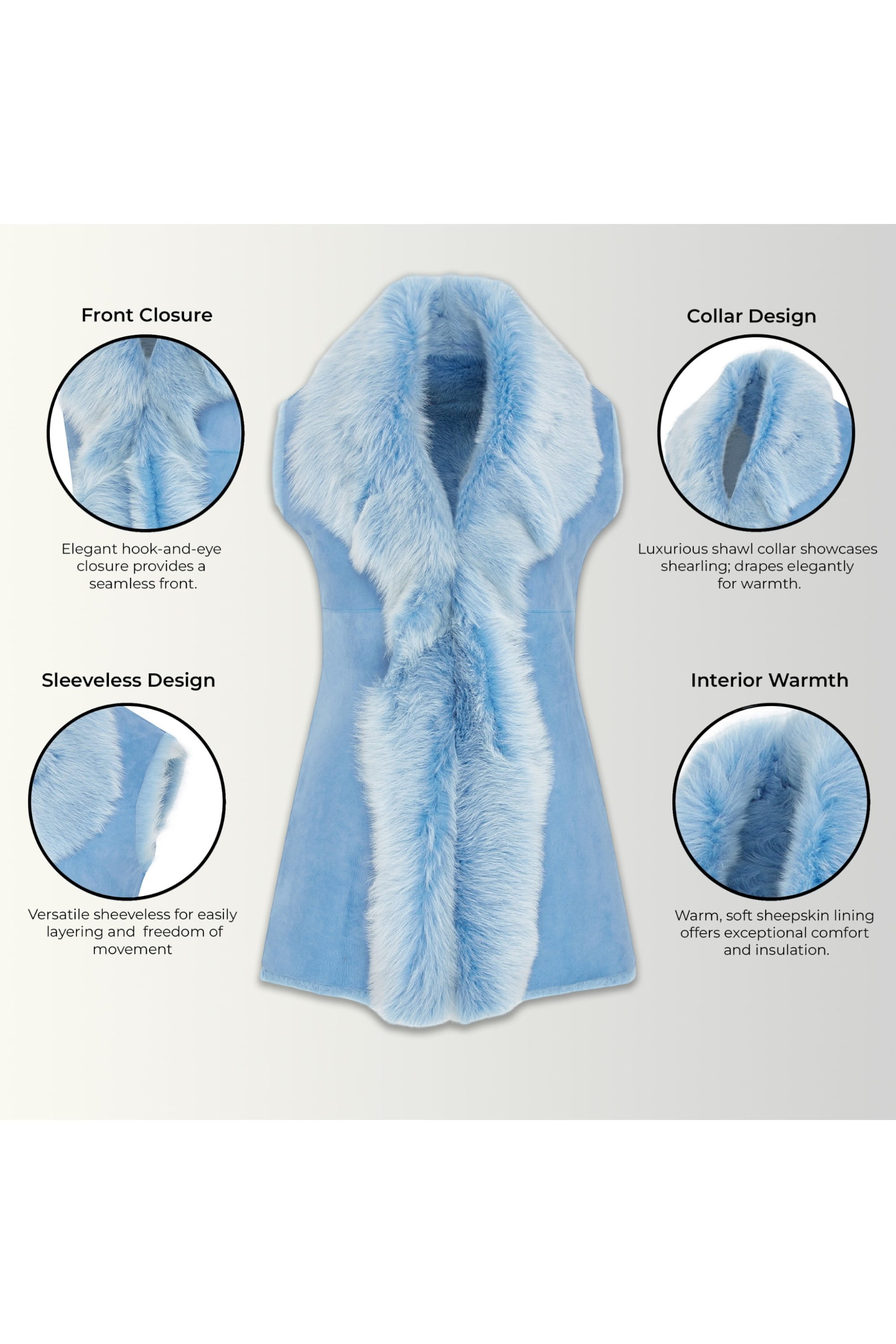 Sky Blue Toscana Sheepskin Long Gilet-Sorocaba, Image 3 of 6