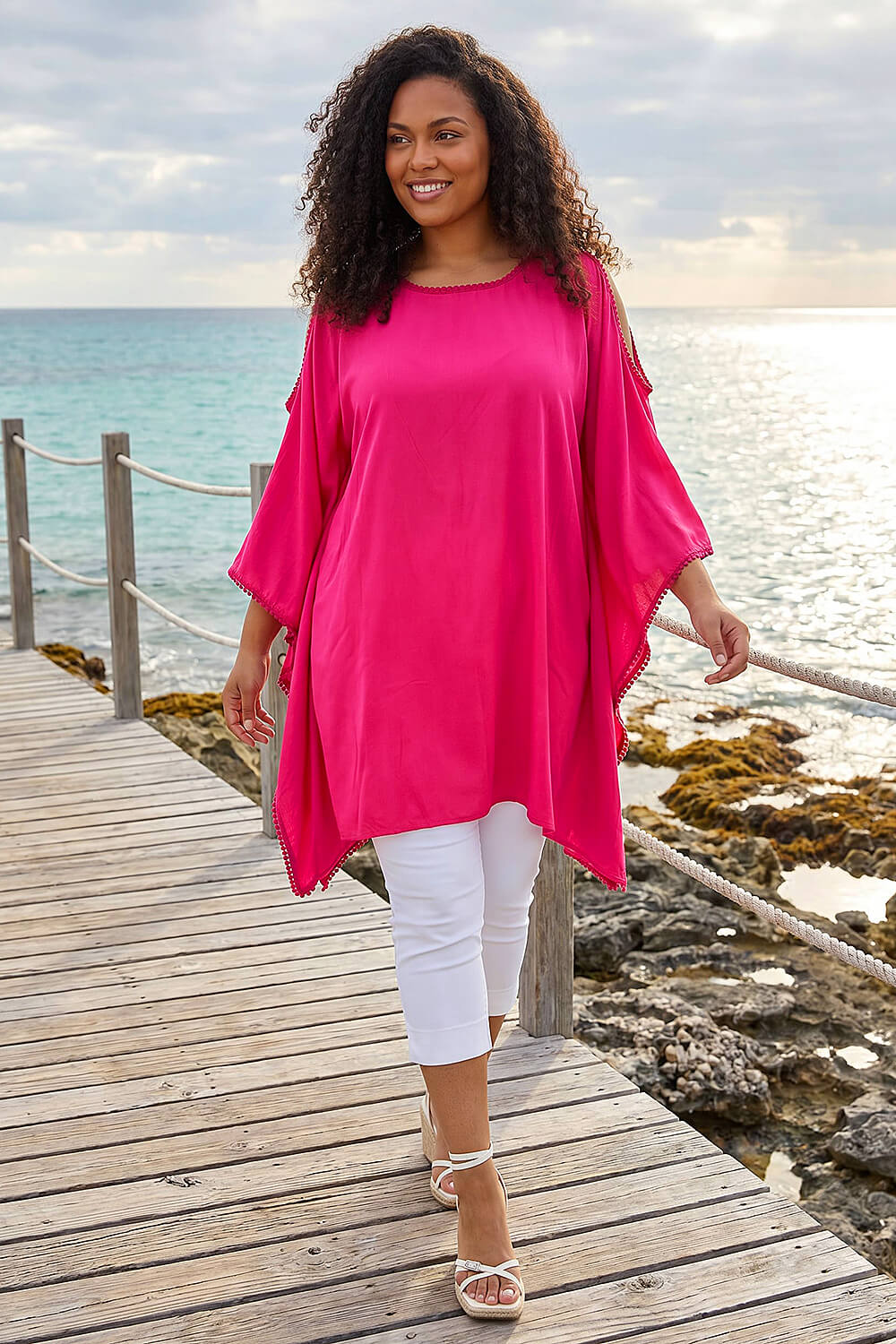 Fuchsia Curve Bobble Trim Hanky Hem Top, Image 3 of 4