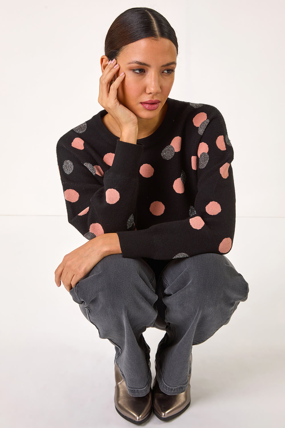 Black Spot Print Knitted Jumper, Image 3 of 5