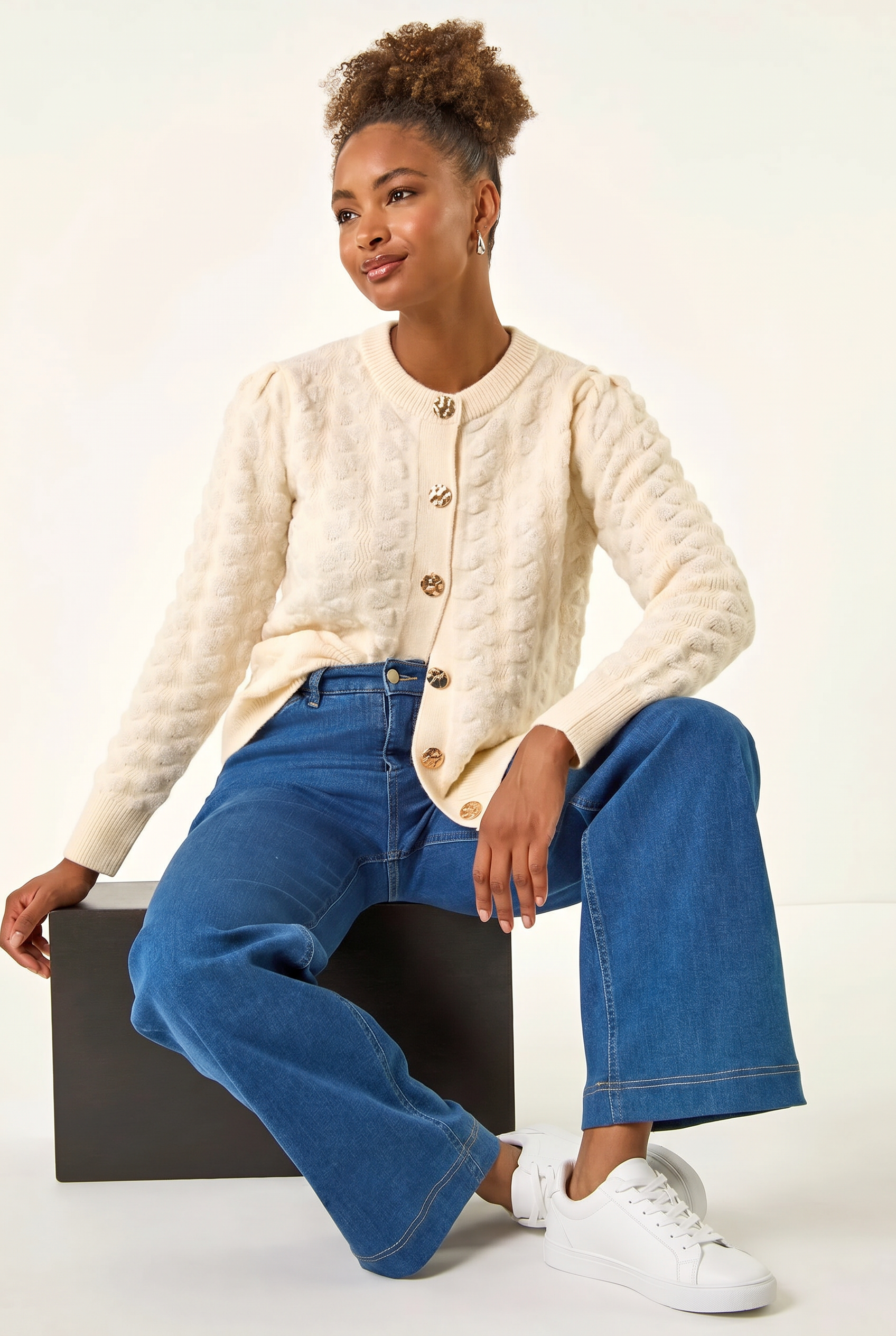 Ivory Textured Buttoned Knit Cardigan, Image 5 of 5