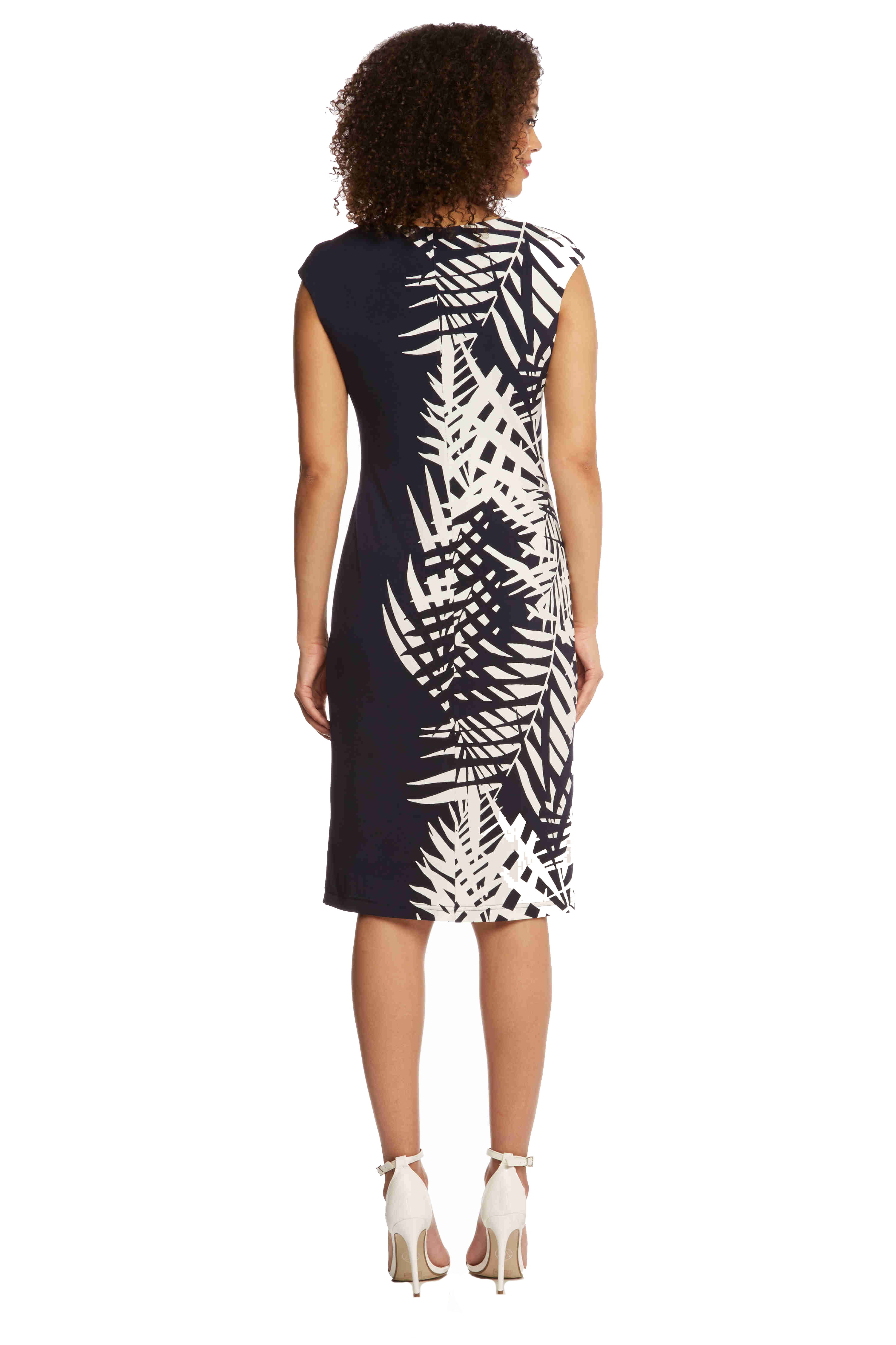Navy Leaf Print Border Jersey Stretch Dress, Image 4 of 4