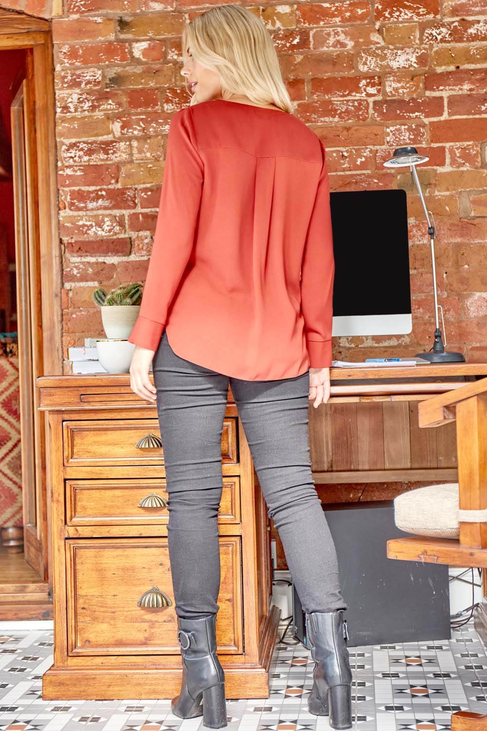 Rust Woven Pocket Detail Button Front Top, Image 4 of 3