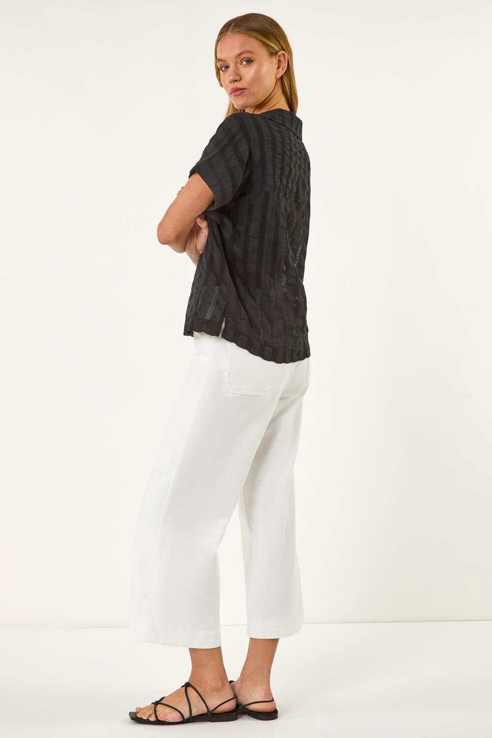 Black Textured Collar V-Neck Top, Image 4 of 5