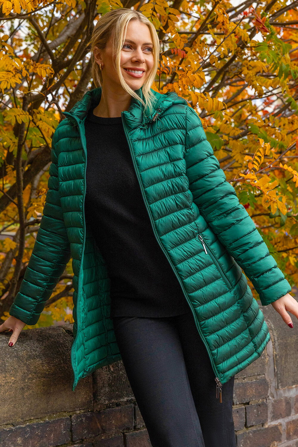 Green Longline Quilted Hooded Puffer Coat, Image 5 of 4