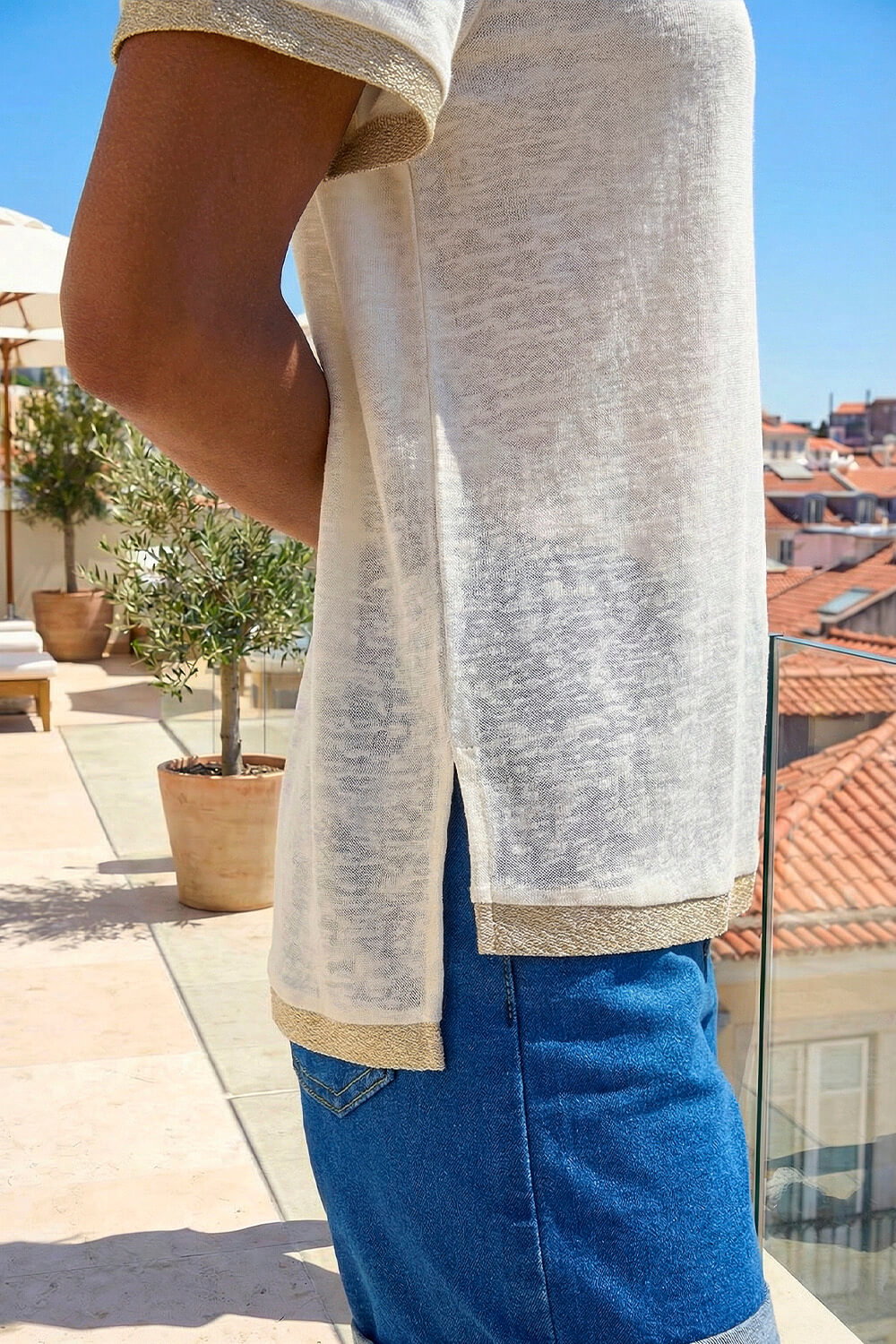 Cream  Metallic Trim V-Neck T-Shirt, Image 5 of 4