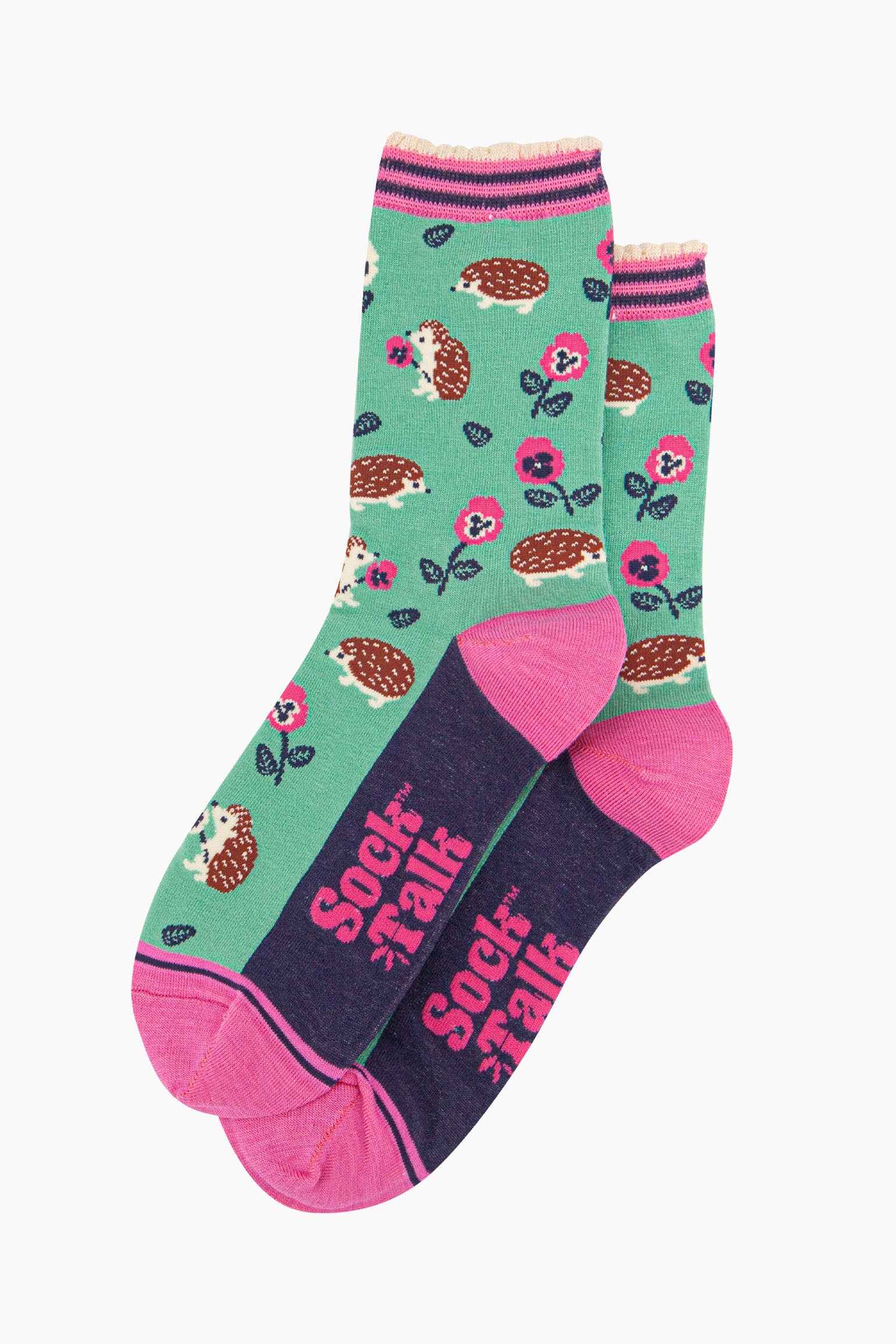Mint Hedgehogs And Pansies Floral Bamboo Socks - Mint, Image 2 of 4