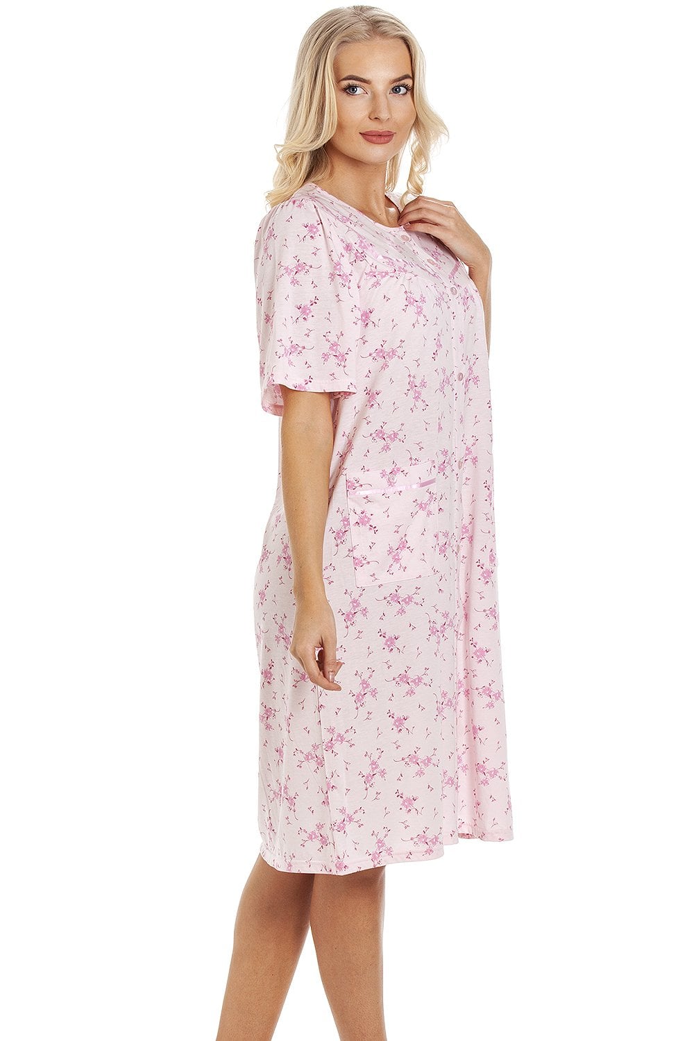 Pink Camille Lingerie Pink Short Sleeve Button Up Floral Nightdress, Image 4 of 6