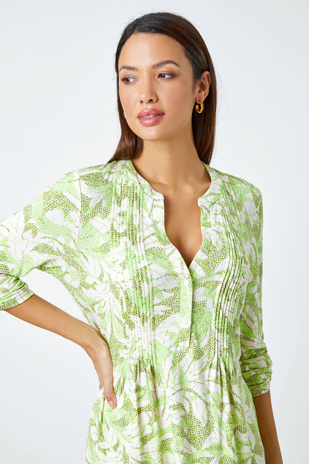 Khaki Camo Leaf V-Neck Pintuck Stretch Top, Image 5 of 5