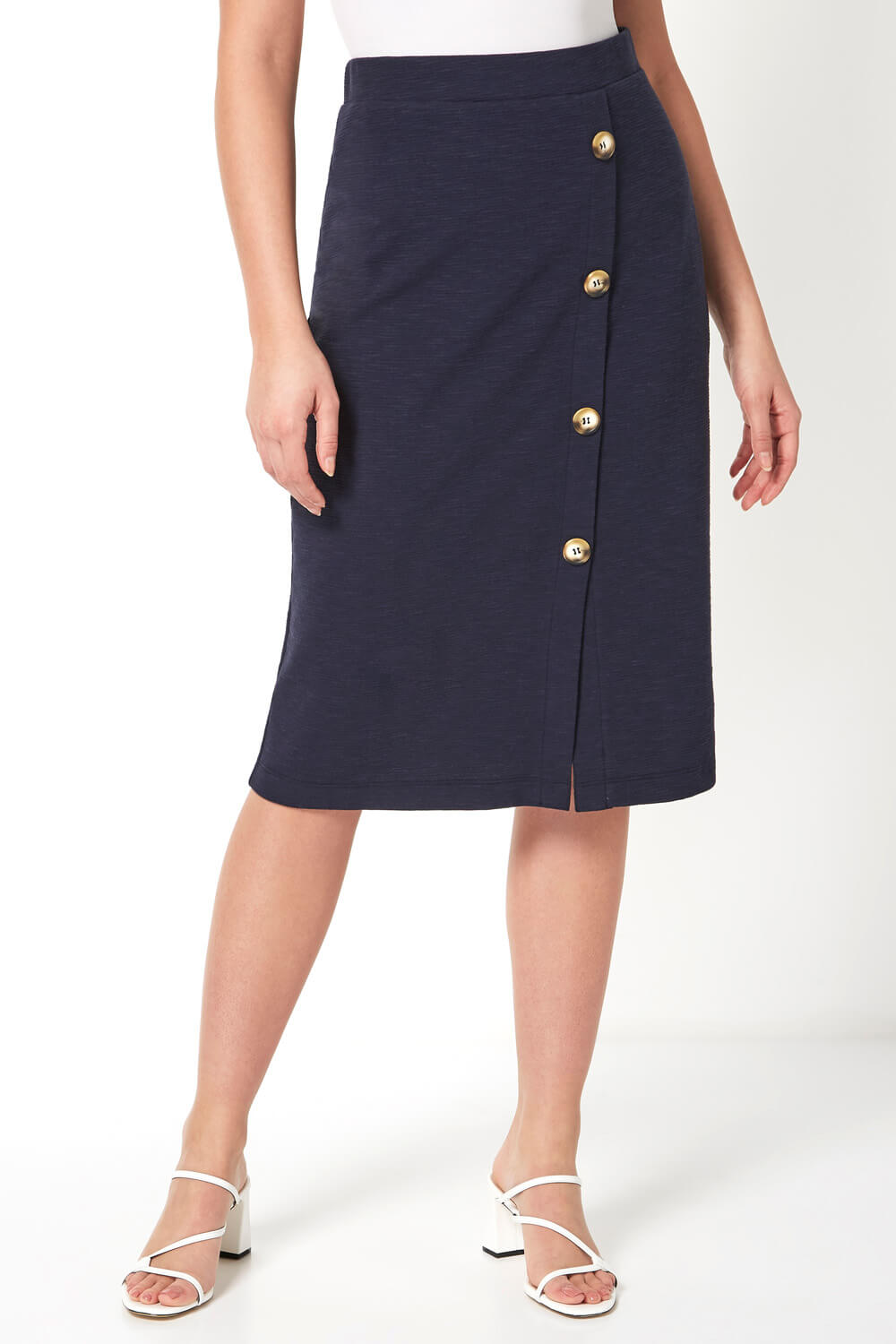 Navy  Button Detail Knitted Pencil Skirt, Image 3 of 5